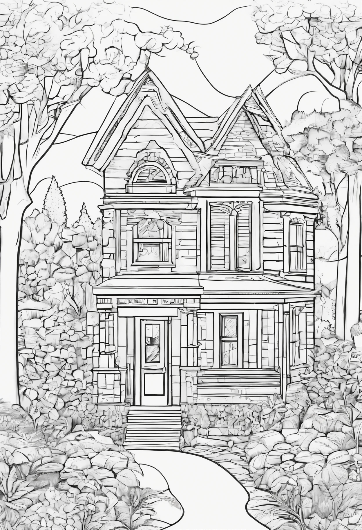 a quaint home, idyllic surrounding, beautiful foliage, line art, cartoon, 3d style, high-quality, coloring book, hand-drawn, lineart