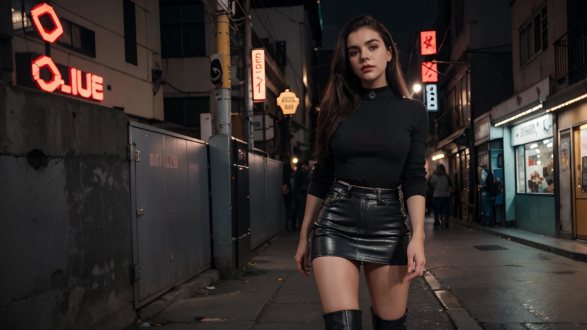 Kiernan shipka, 19 anos, nua, nsfw, muito bonita, athletic, cabelos loiros, olhos azuis, red-lips, franja, usando short denim skirt, saia muito curta, pernas grossas, pernas bonitas, cintura estreita, botas de coxa de couro preto, saia denim curta, denim mini-skirt, mini-saia, saia curta azul, cinto de couro preto, seios pequenos, mamilos rosados, porcelain skin, The girl is wearing a black leather choker, the girl is wearing black leather boots, botas de coxa de couro preto, The girl is standing on a street in a cyberpunk futuristic city a noite, rua molhada, modelo bem iluminada, cena noturna, luzes da cidade