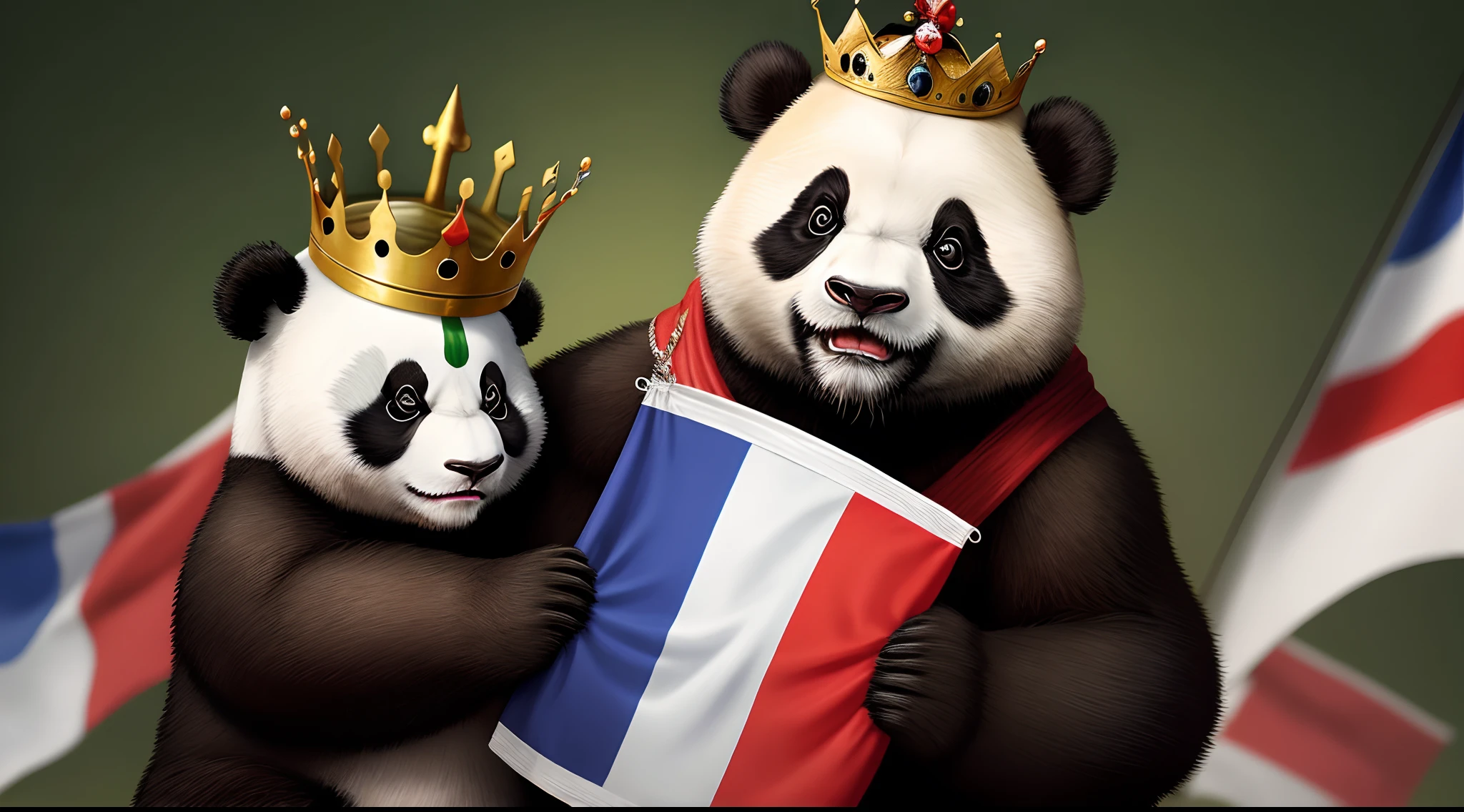 Panda holding a French flag with a crown on his head