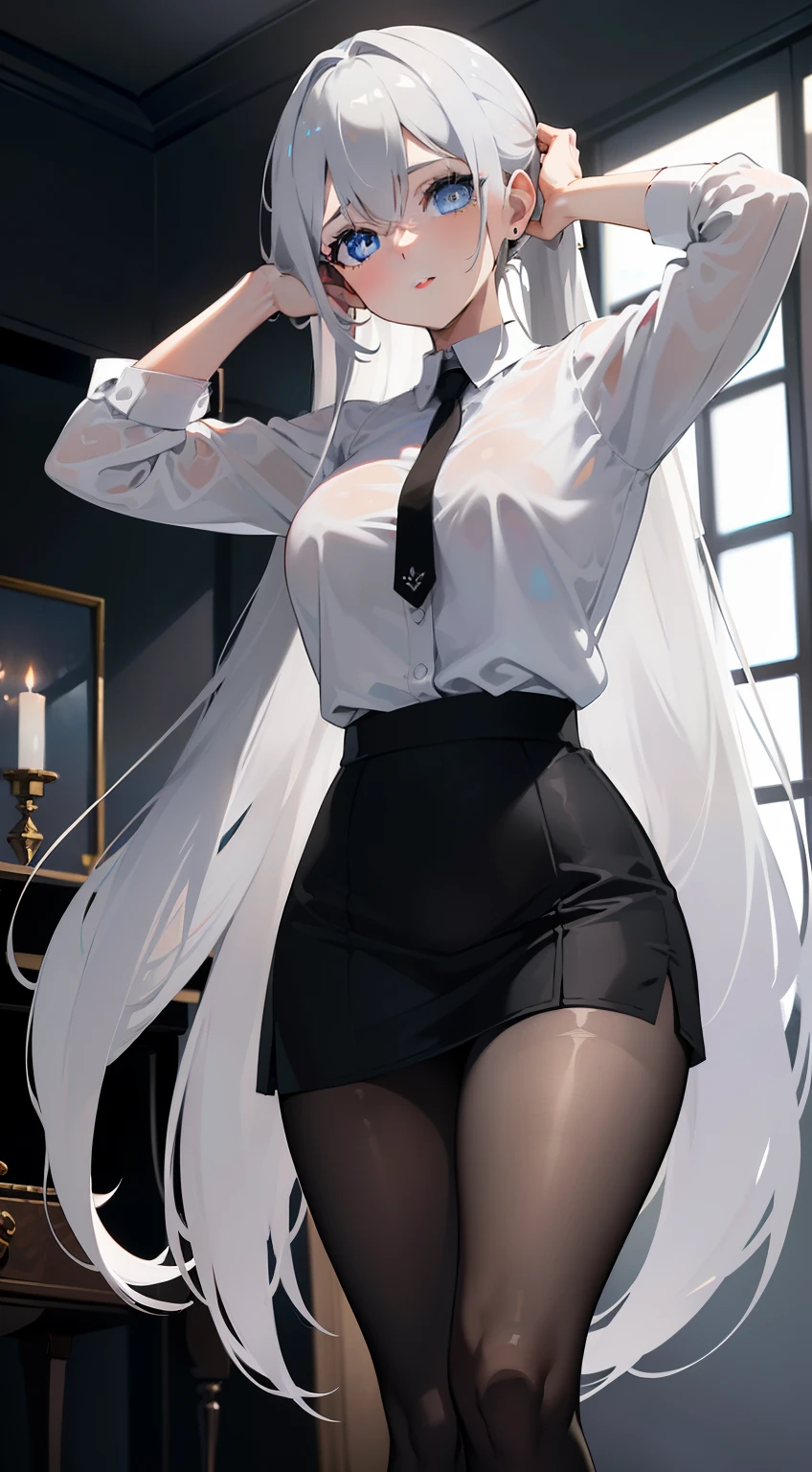 (((1 girl)),Ray tracing,(Dim lighting),[Detailed background (livingroom)),((Silver hair)),(Silver hair)),((Fluffy silver hair, plump and slender girl)) with high ponytail))) Avoid golden eyes in the sinister living room ((((Girl in white opaque shirt, Black wrinkled skirt and black transparent stockings), showing delicate and slender figure and graceful curves, Correct limbs, Hands behind the head, Hands behind the head, Hands behind the head , Eye details, Beautiful eyes, Delicate eyes, Blue eyes