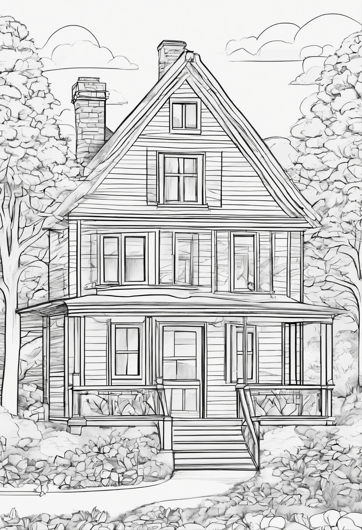 a quaint home, idyllic surrounding, beautiful foliage, line art, cartoon, 3d style, high-quality, coloring book, hand-drawn, lineart