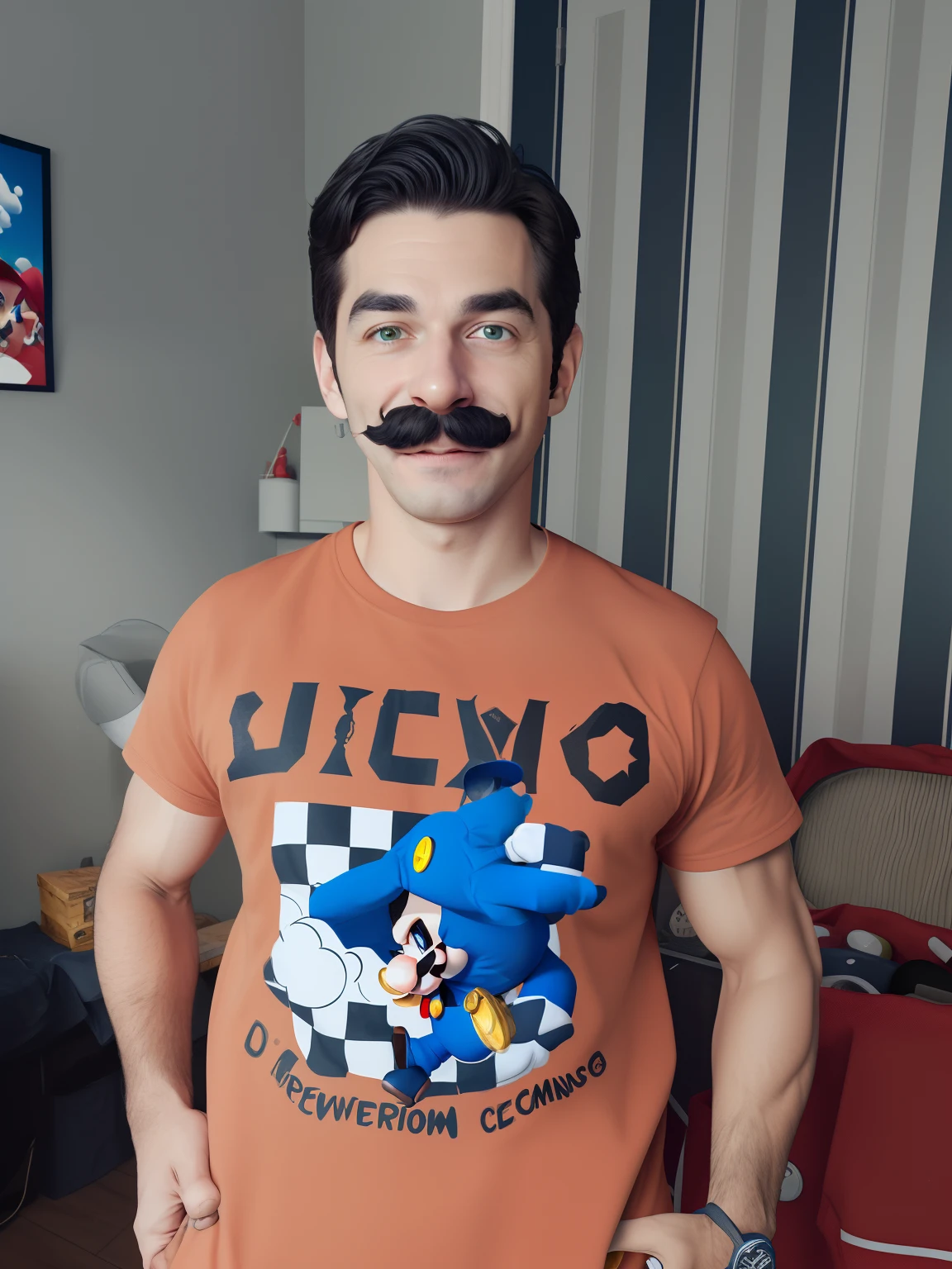 SuperMario wearing overalls and holding coins in his hand, jumping in the clouds, with a mustache, red tshirt