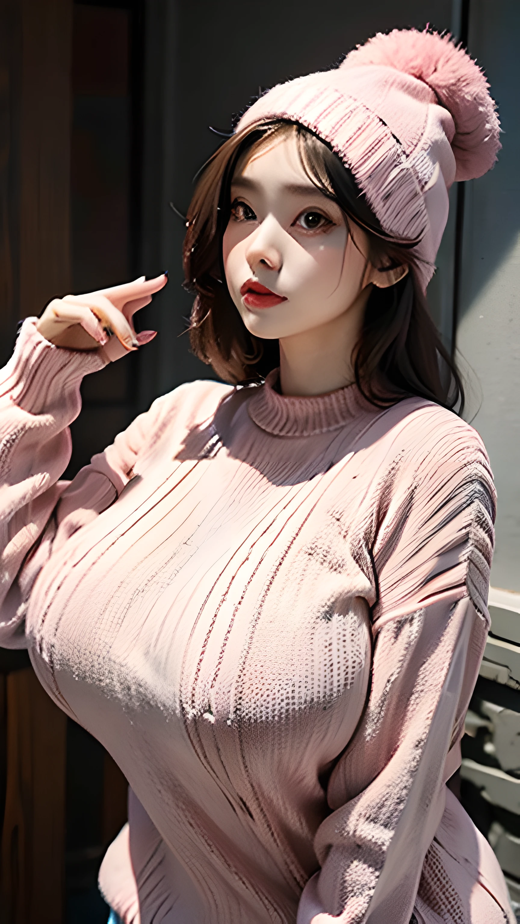 Woman body set gigantic breasts, wearing a pink sweater with exposed breasts  cosplay, gigantic breasts,