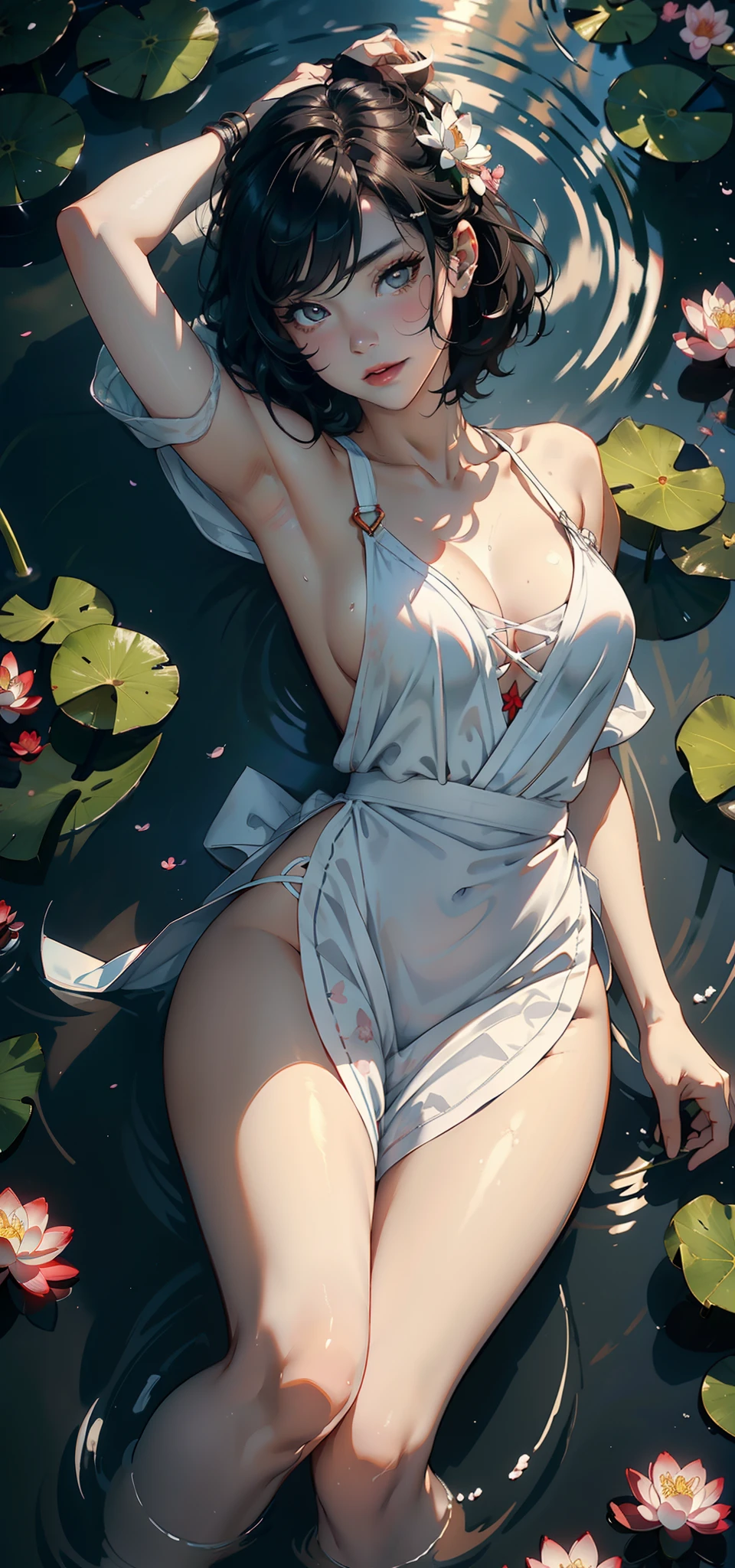 （Background with：Ponds，cherry blossom forest，The lotus flowers）Lying in water， She has short black hair，Seen from the front，， Mostly cloudy sky，（（（tmasterpiece），（Very detailed CG Unity 8K wallpaper），best qualtiy，cinmatic lighting，细致Background with，beatiful detailed eyes，Bright pupils，Black eyes，Snow White skin，red rip（Very fine and beautiful），（Beautiful and detailed eyes description），ultra - detailed，tmasterpiece，））facing at camera，hight resolution，ultra - detailed），Revealing breasts，Genital only，  Bulge，legs are open，Raised sexy，Camel toes，Desire for dissatisfaction，frontage，（Wearing ：Transparent Apron）