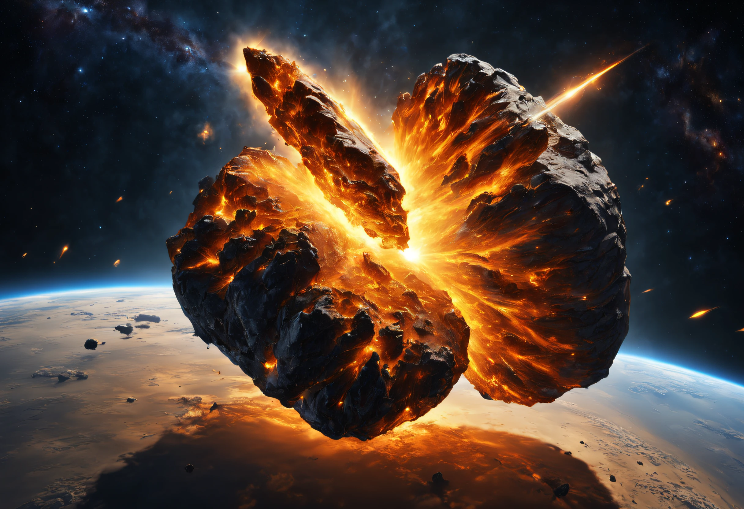 (best quality, 4k, 8k, high resolution, masterpiece: 1.2), ultra detailed, (realistic, photorealistic, photorealistic: 1.37), a meteorite flying through space. The meteorite is orange and yellow in color and leaves a trail of light behind it. The background is a deep blue with stars and nebulae scattered throughout. The overall mood of the image is dramatic and amazing.