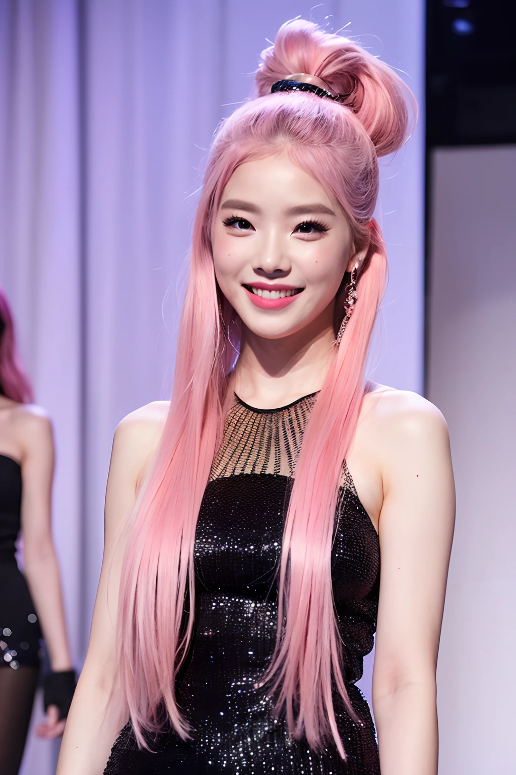 nsfw、sexy asian fashion model、glossy lipstick、smiling face、defined eyebrows、ultra detailed drama makeup、long lashes、full body Esbian、ultra detailed latex business dress(neon pink)、latex bracelets、Colorful hair