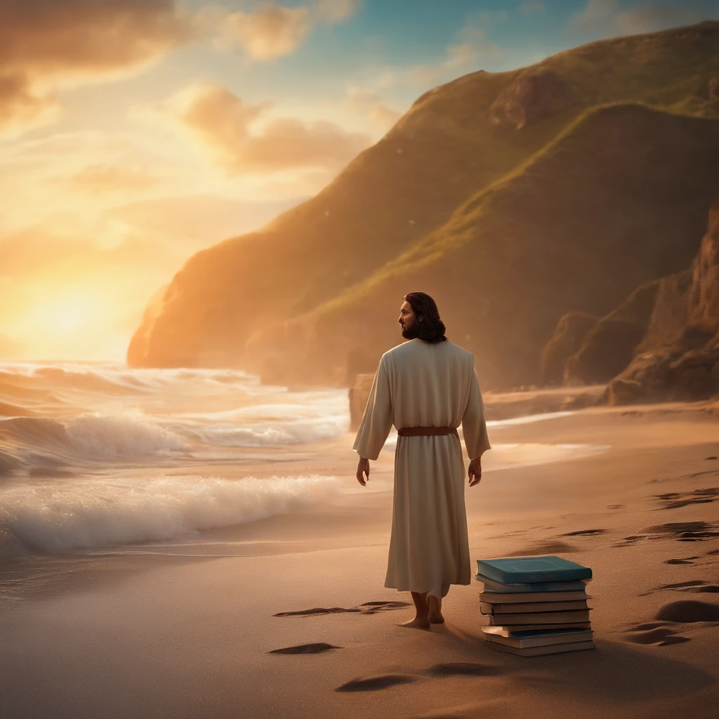 Jesus Cristo, estilo Pixar, numa praia, Standing with book in hand, usando terno, 3d animation