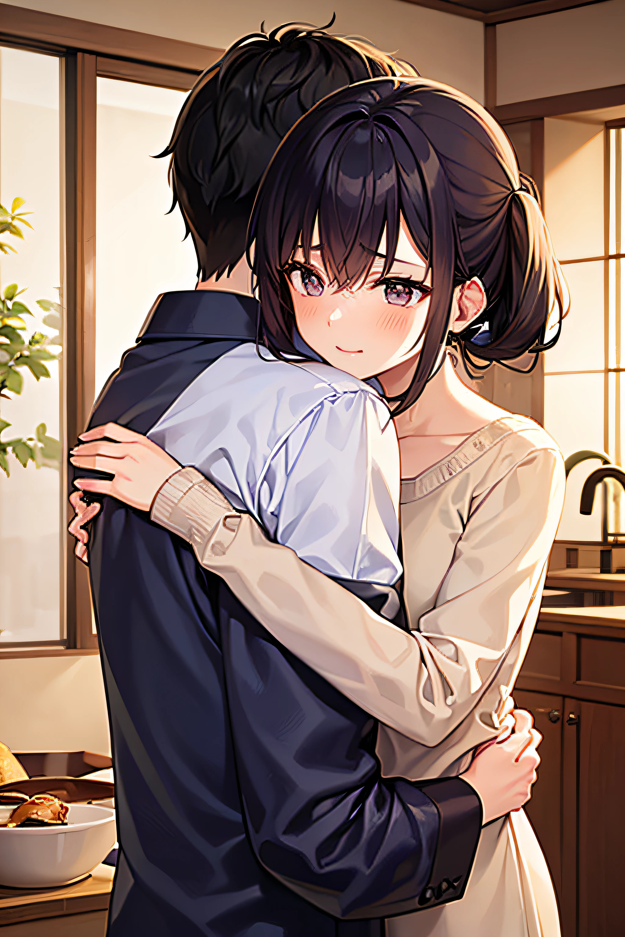 score_9, score_8_up, score_7_up, 1boy, 1girl, mature female, mother and son, kid, hug, kiss, hand on head, kneeling, in a room