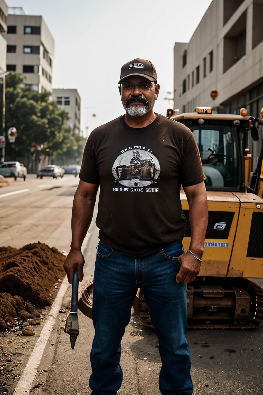 A cinematic photograph of an urban cleaning worker, adult age, 50 years old, with a black beard and black mustache, dirty and sweaty, wearing jeans and a t-shirt, wearing a brown cap, construction equipment, Bokeh, F1.8, A cinematic lighting, centered composition