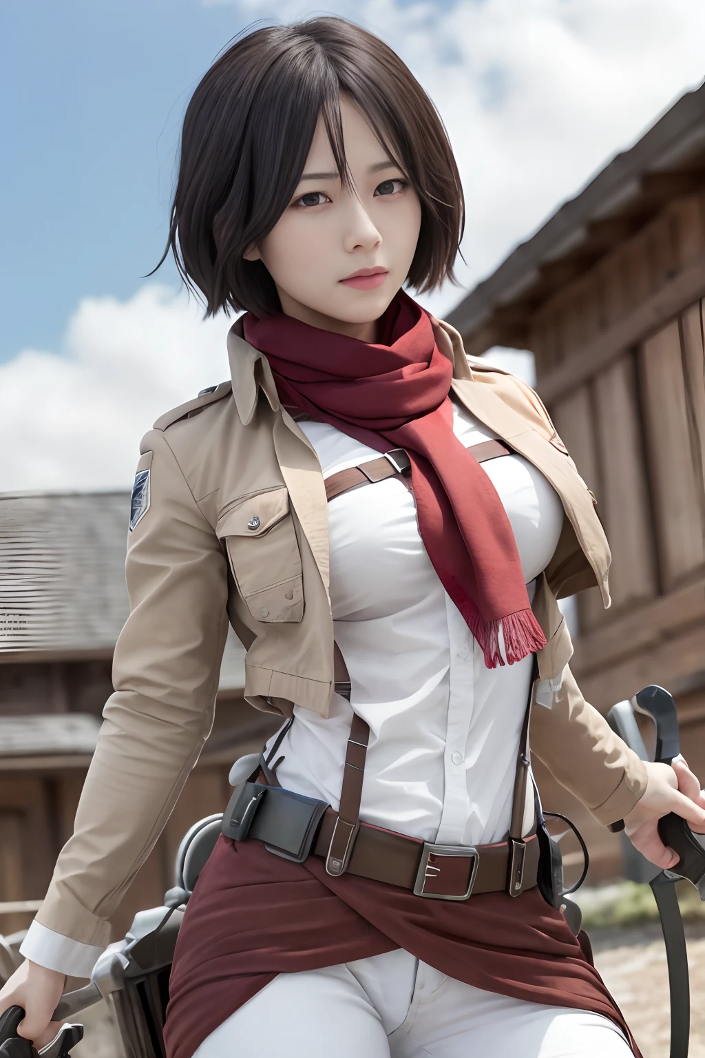 Master Parts, Best Quality, Haute, hmmikasa, Short hair, Black eyes, bra very, Underwear for the lower body, Swimwear Scarf, emblem, Belt bag, Thigh strap, red scarf, White pants, Brown jacket, shortsleeves, the beach