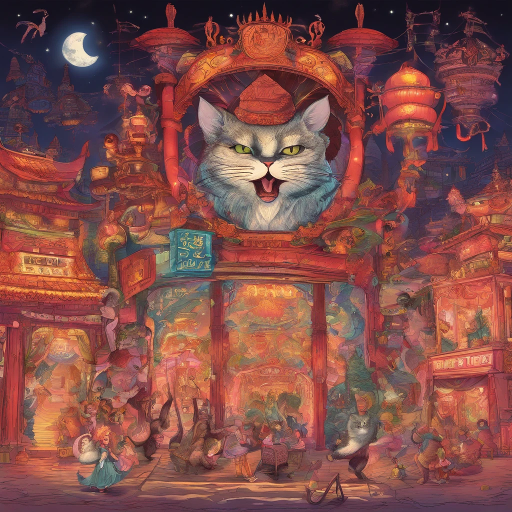 Picture book illustrations　　At a venue with bright neon lights like Chinatown, 50 cats stand on two legs and dance.、Drinking beer、uproar　The cat's face is clear