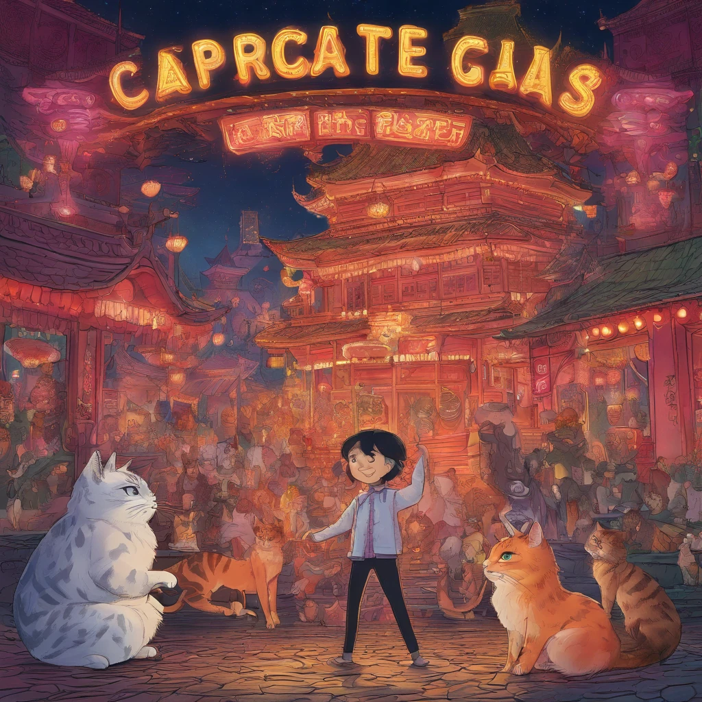 Picture book illustrations At a venue with bright neon lights like Chinatown, 50 cats stand on two legs and dance.、Drinking beer、uproar The cat's face is clear