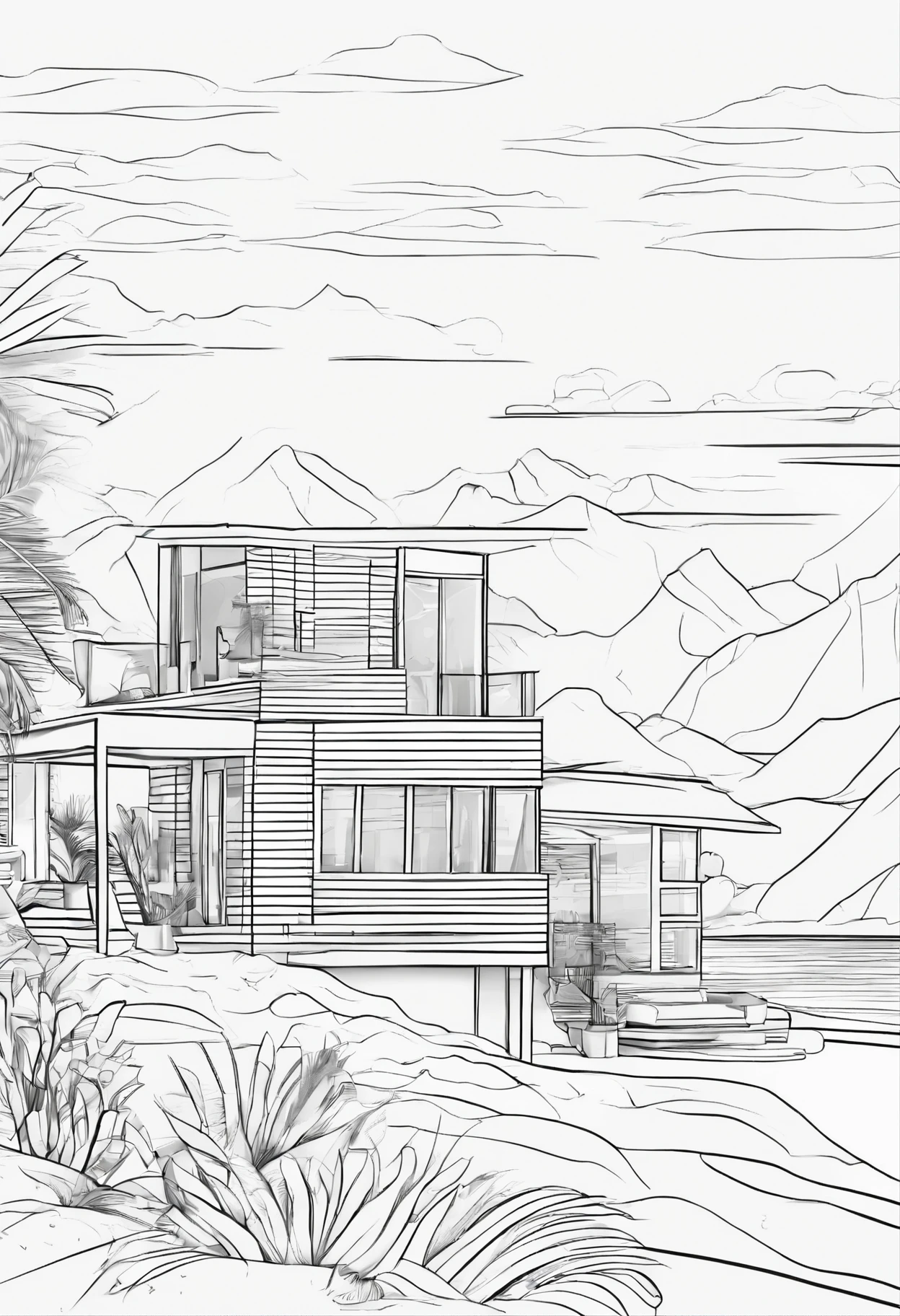 beach house, millionaire home, beautiful surroundings, line art, 3d style, high-quality, coloring book, solid lines