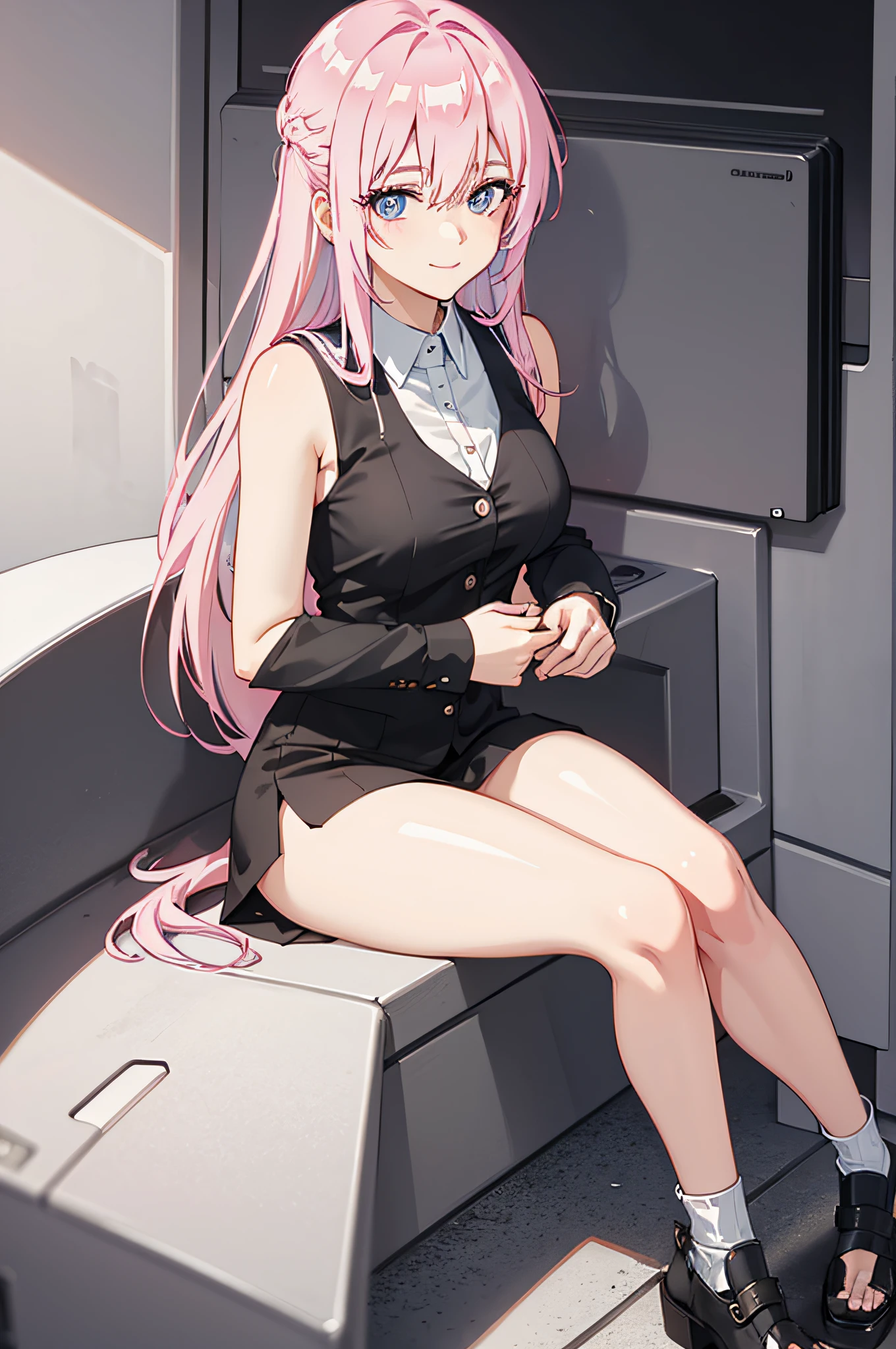 high res, ultrasharp, 8K, masterpiece, looking at viewer, pink hair, seductive smile, stocking, beautiful face, sitting, minimalist coloring, sleeveless.