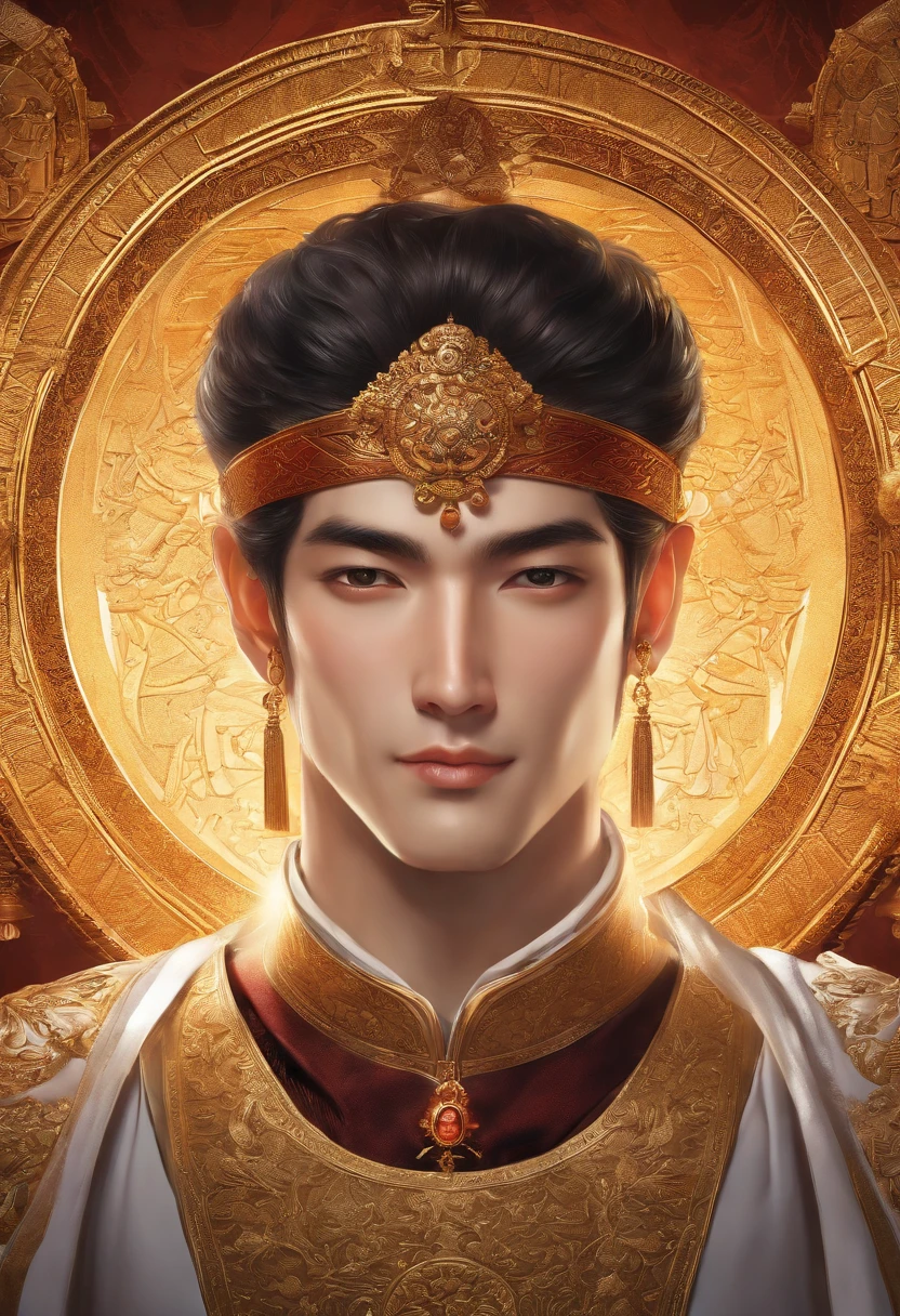 (absurderes, hight resolution, ultra-detailliert), 1 male, Adult, Handsome, finely detailed  eyes and detailed face, Emperor,, Ring on background, visualart, occult, Universal, Vision casting, Philosophical, Iconography, Numerology, Popularity, artistic, Short hair, Smile, Calm expression, Half shot、Japanese anime