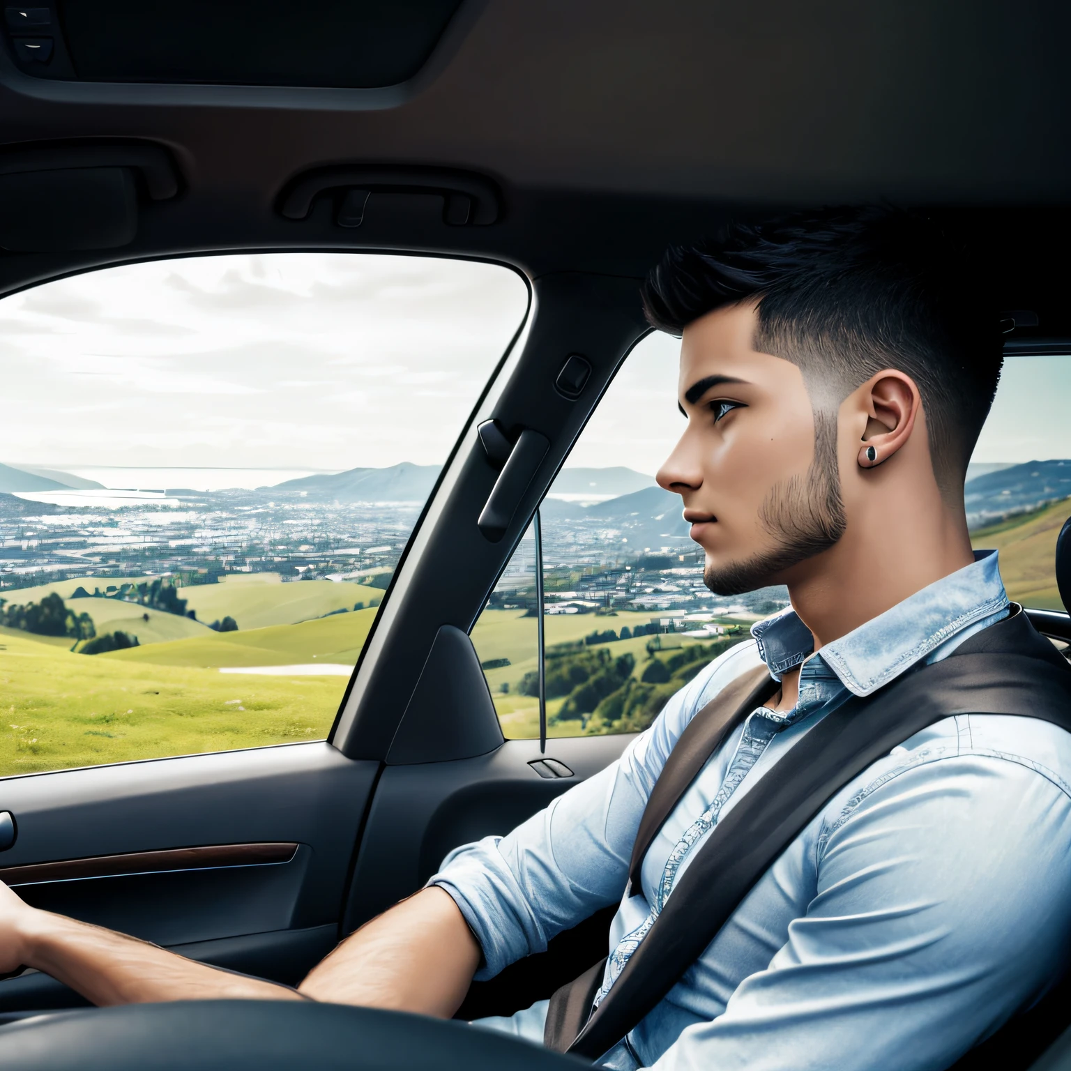 Young male man with short spiky hair relaxing in city car looking at good view of landscape. Realistic with natural movement and direction --auto
