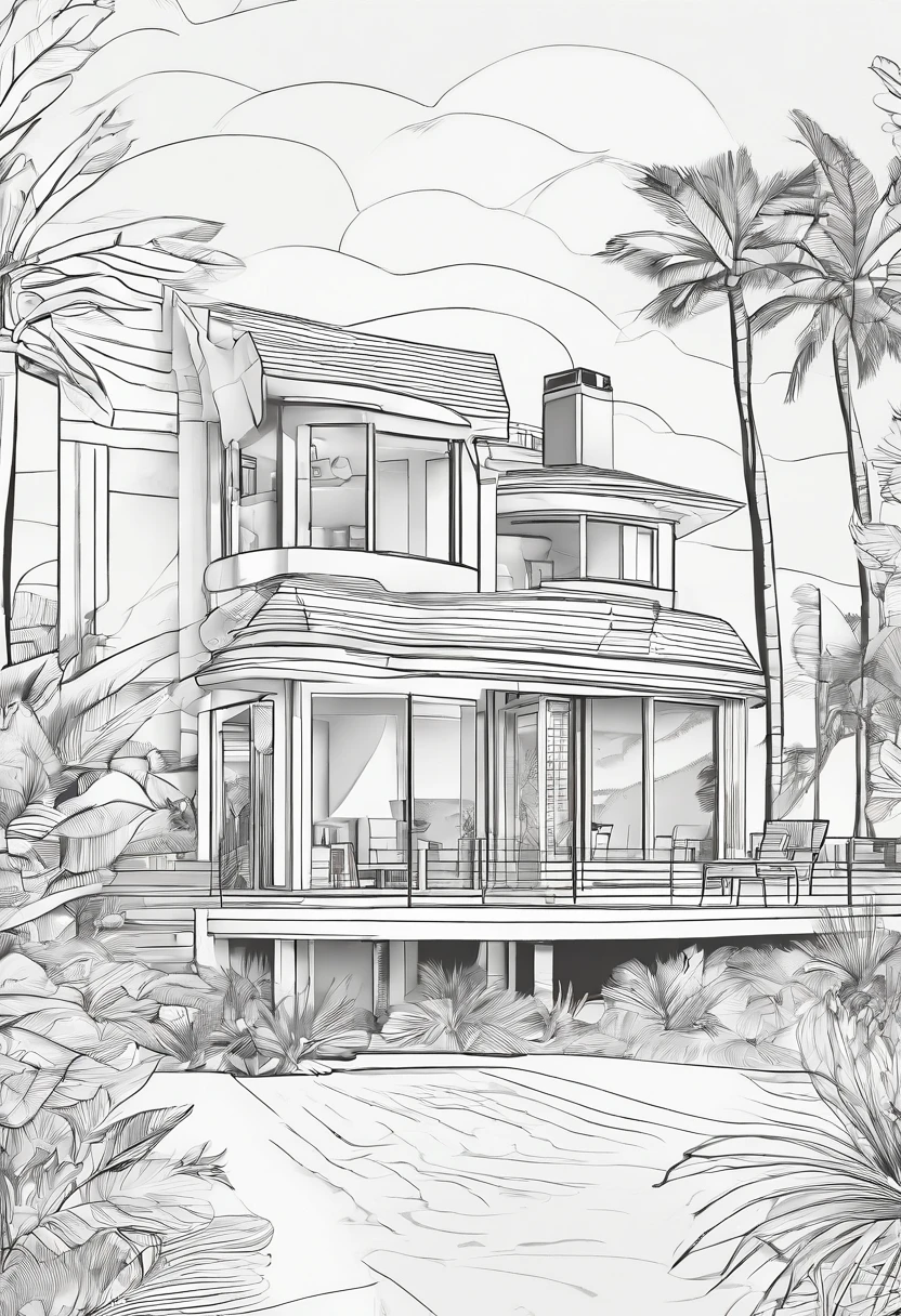 beach house, millionaire home, foyer, comfort, beauty, high style, line art, 3d style, high-quality, coloring book, solid lines