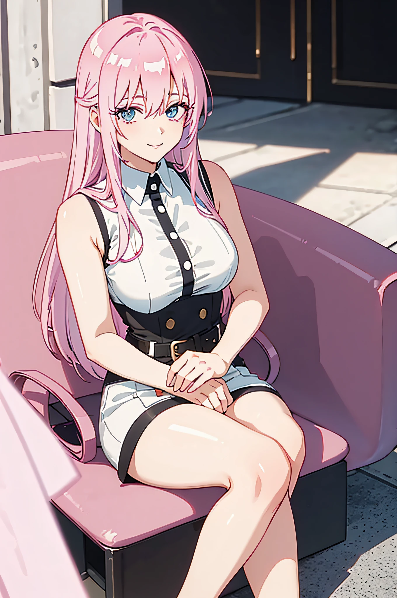 high res, ultrasharp, 8K, masterpiece, looking at viewer, pink hair, seductive smile, stocking, beautiful face, sitting, minimalist coloring, sleeveless.