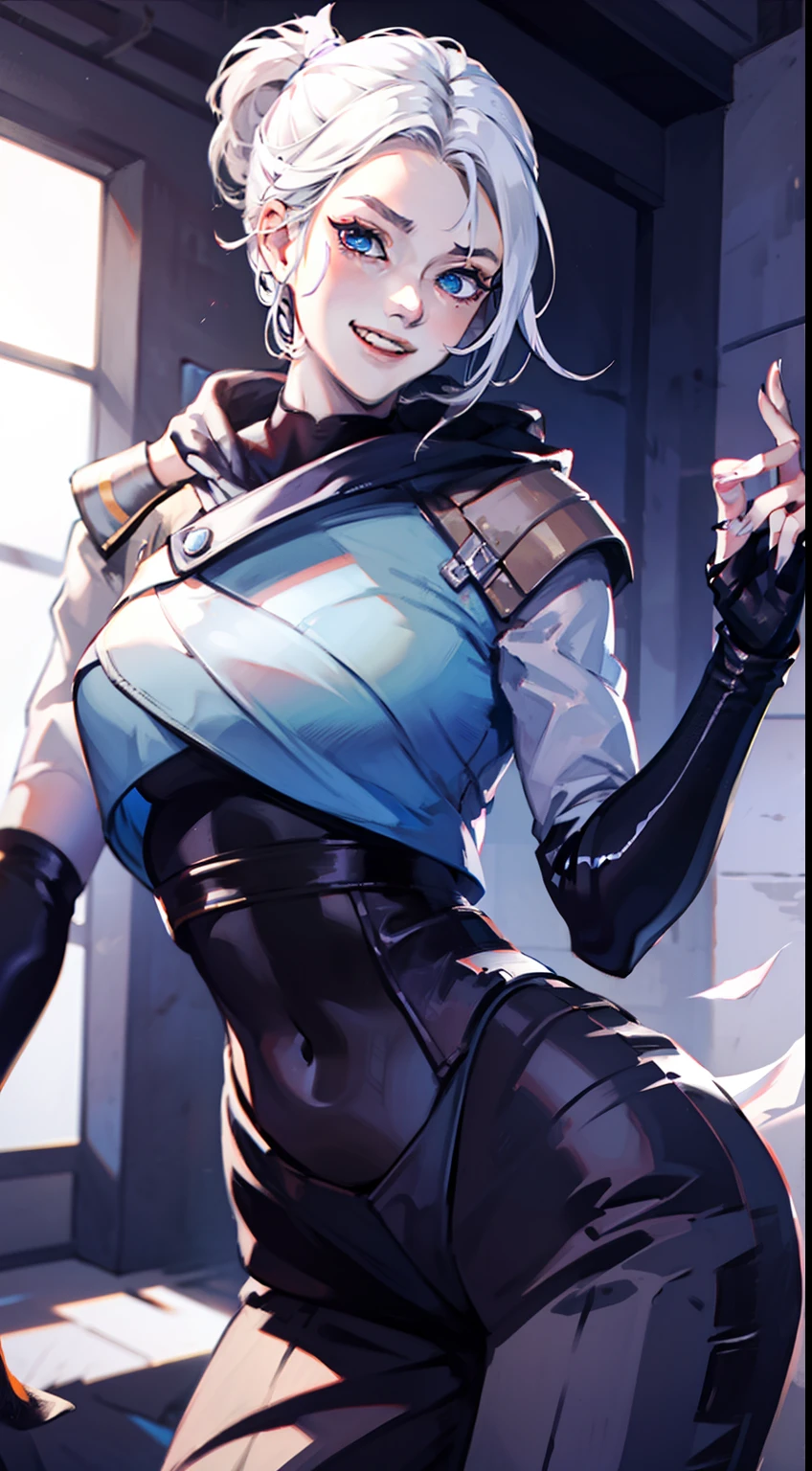 masterpiece, best quality, jett (valorant), 1girl, pale skin, white hair, blue eyes, creepy, sinister smile, laughing, crazed expression, evil smile, confident posture, slumping, dim light