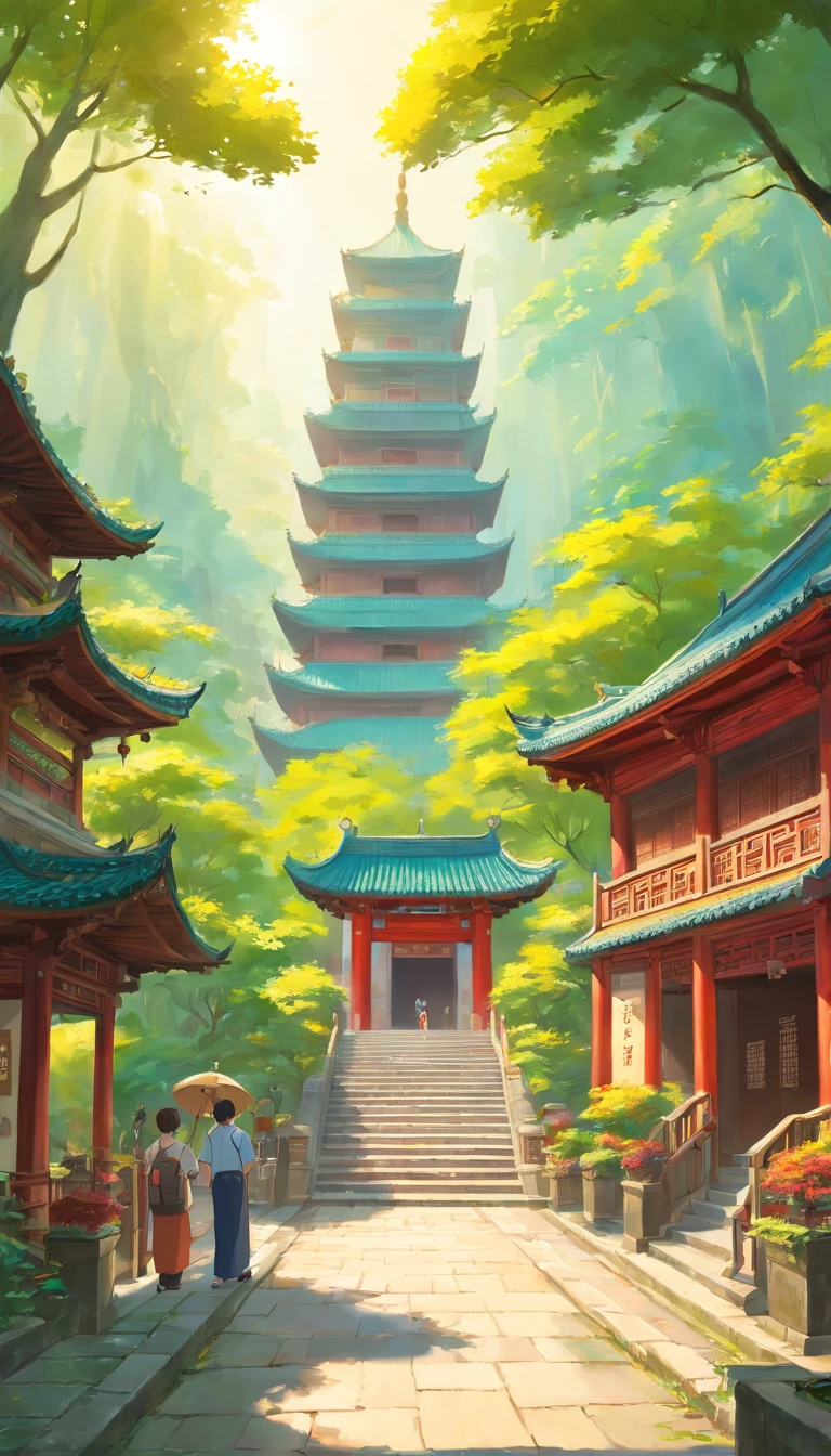 Nanning Mayor Street, Guangxi，with a chinese temple，The sun shines through the treetops in front of the temple。Five men and one woman entered the temple