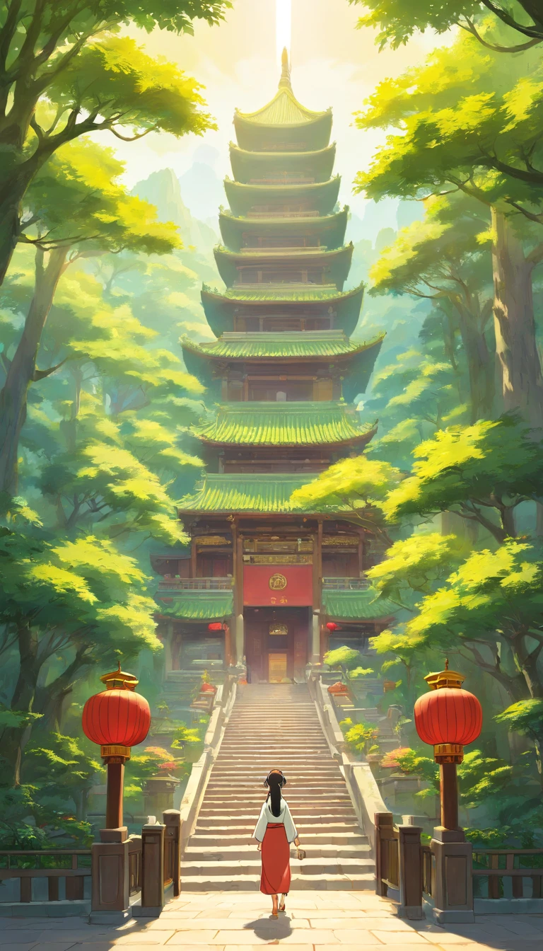Nanning Mayor Street, Guangxi,with a chinese temple,The sun shines through the treetops in front of the temple。Five men and one woman entered the temple
