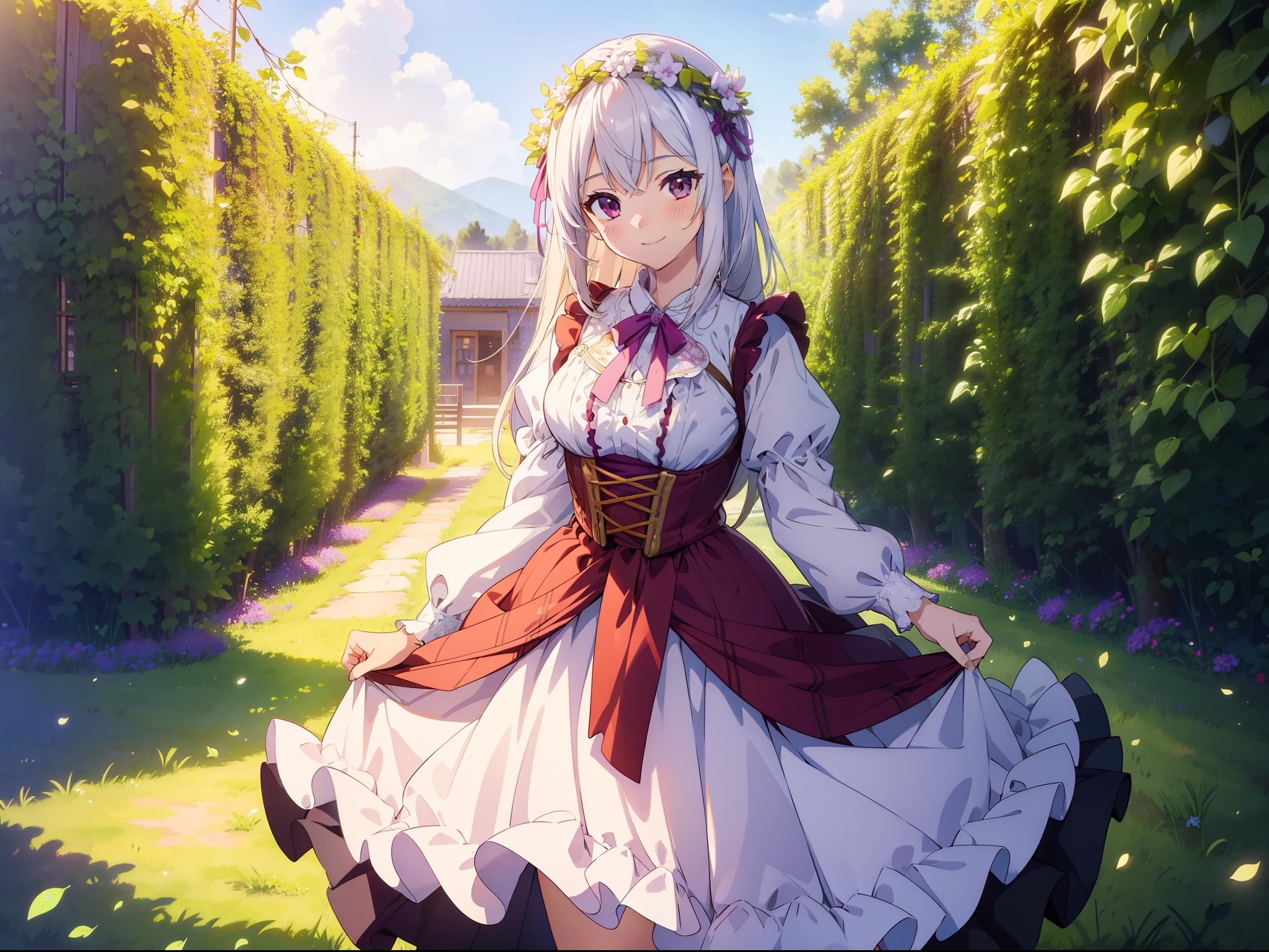 1  cute girl ,lifting skirt, (austria tracht) , standing in grape vines, cowboy shot , (character focus), smile,high resolution,(incredibly absurdres),anime visual,extremely detailed CG unity 8k wallpaper, ((masterpiece)), ((top-quality)), (beautiful illustration), ((an extremely delicate and beautiful))