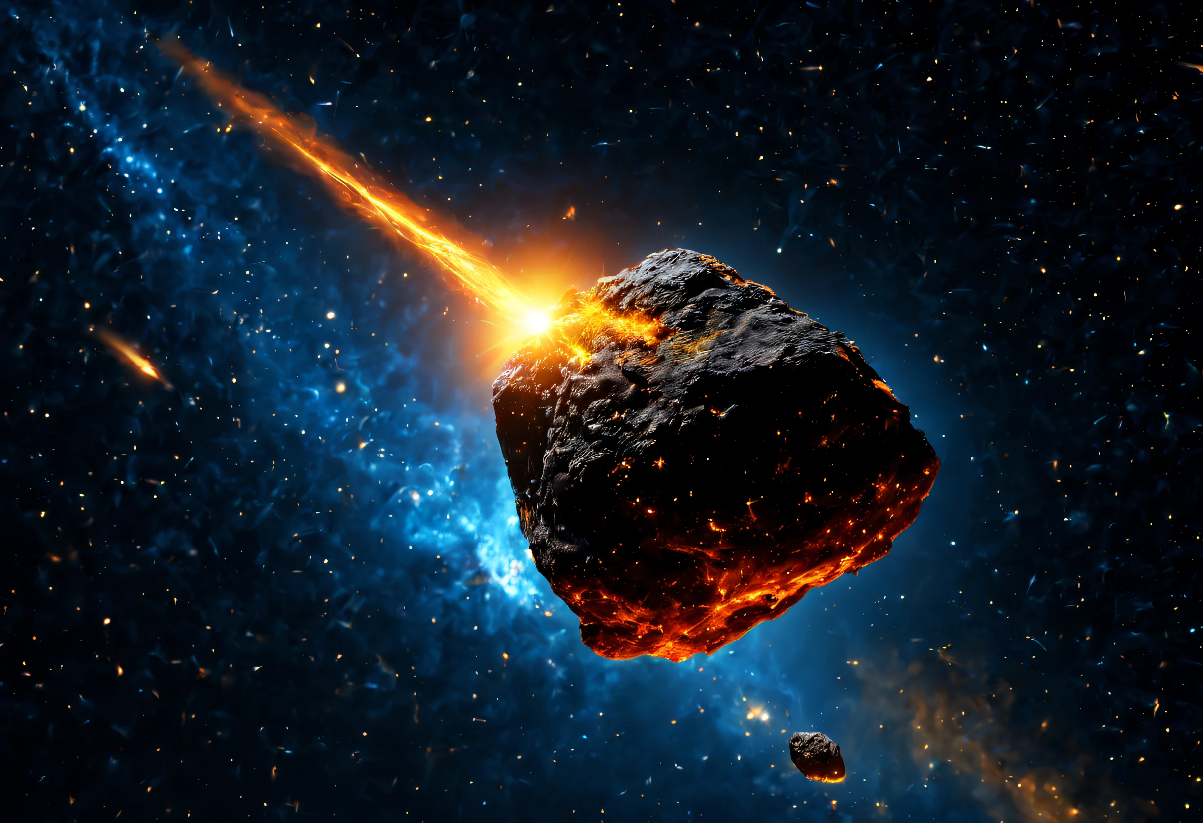 (best quality, 4k, 8k, high resolution, masterpiece: 1.2), ultra detailed, (realistic, photorealistic, photorealistic: 1.37), a meteorite flying through space. The meteorite is orange and yellow in color and leaves a trail of light behind it. The background is a deep blue with stars and nebulae scattered throughout. The overall mood of the image is dramatic and amazing.