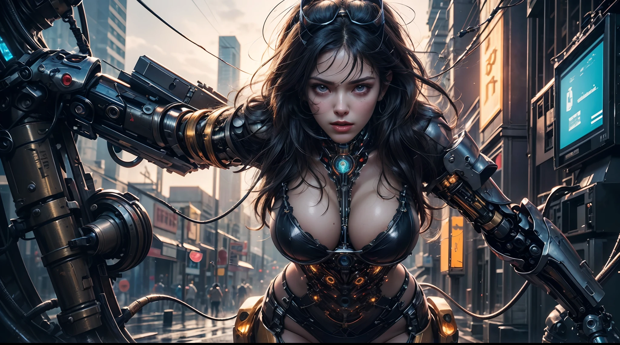 ((extremely delicate and beautiful cybernetic girl)), ((mechanical limbs)), ((detailed face and eyes)) (blood vessels connected to tubes), (mechanical vertebrae), ((mechanical cervical attaching to neck)), (wires and cables attaching to neck:1.2), ((mass of wires and cables on head)), (character focus), (((dynamic pose))), perfectly balanced eyes, nipple breast on cloths, ((cowboy shot)), (masterpiece), (((best quality))), ((ultra-detailed)), (highly detailed photorealistic CG illustration), ((big tits)) cinematic lighting, science fiction, extremely detailed, colorful, highest detail, ((light yellow silk panty, crotch exposed)), holding sniper gun, nsg, gun, cyberpunk lab background.