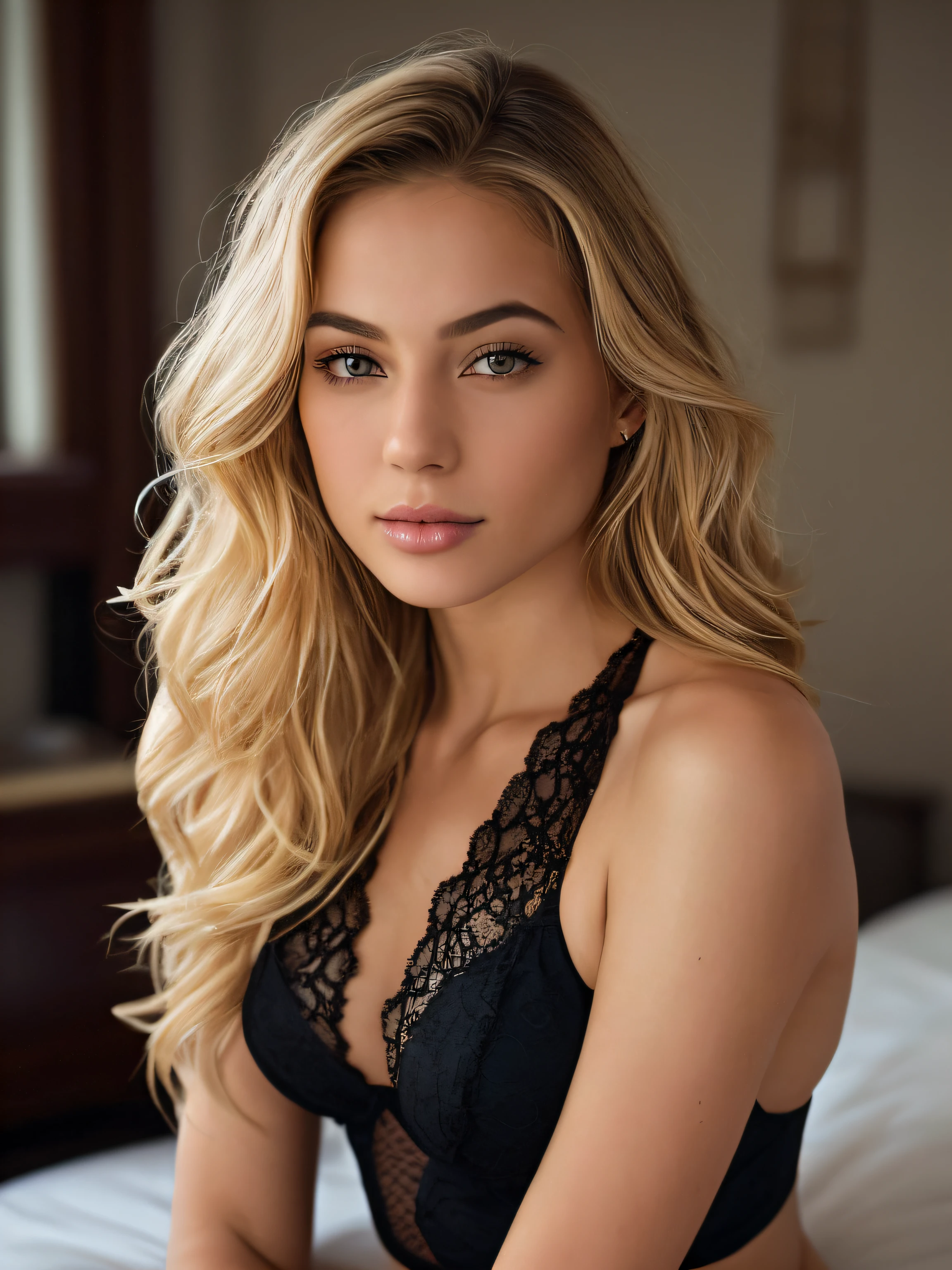 Raw photo, 20 years girl、Sexy Cute、perfectly proportions、Skeletal best、masterpiece、hight resolution、Farbe々Color、off shoulders、black lacy sheer lingerie、Large cleavage、a beautiful italian girl (High detailed skin:1.2),、beautiful thigh、Bright lights in Positano、romantic、While looking at the camera、embarrassed from、Italian beauty of the world、Silvia、a blond、 Digital SLR, Soft lighting, High quality, FujifilmXT3、Film Lighting、Dramatic、Taken in a dark upscale bedroom in the background、Sit down Date with a photographer、Golden wavy hair flutters all over her body、A slight smil、Colossal tits 、European、Sexy and dramatic、Go to your hotel after the restaurant、Away from the subject、Gaze at the whole body. Boudoir style photoshoot