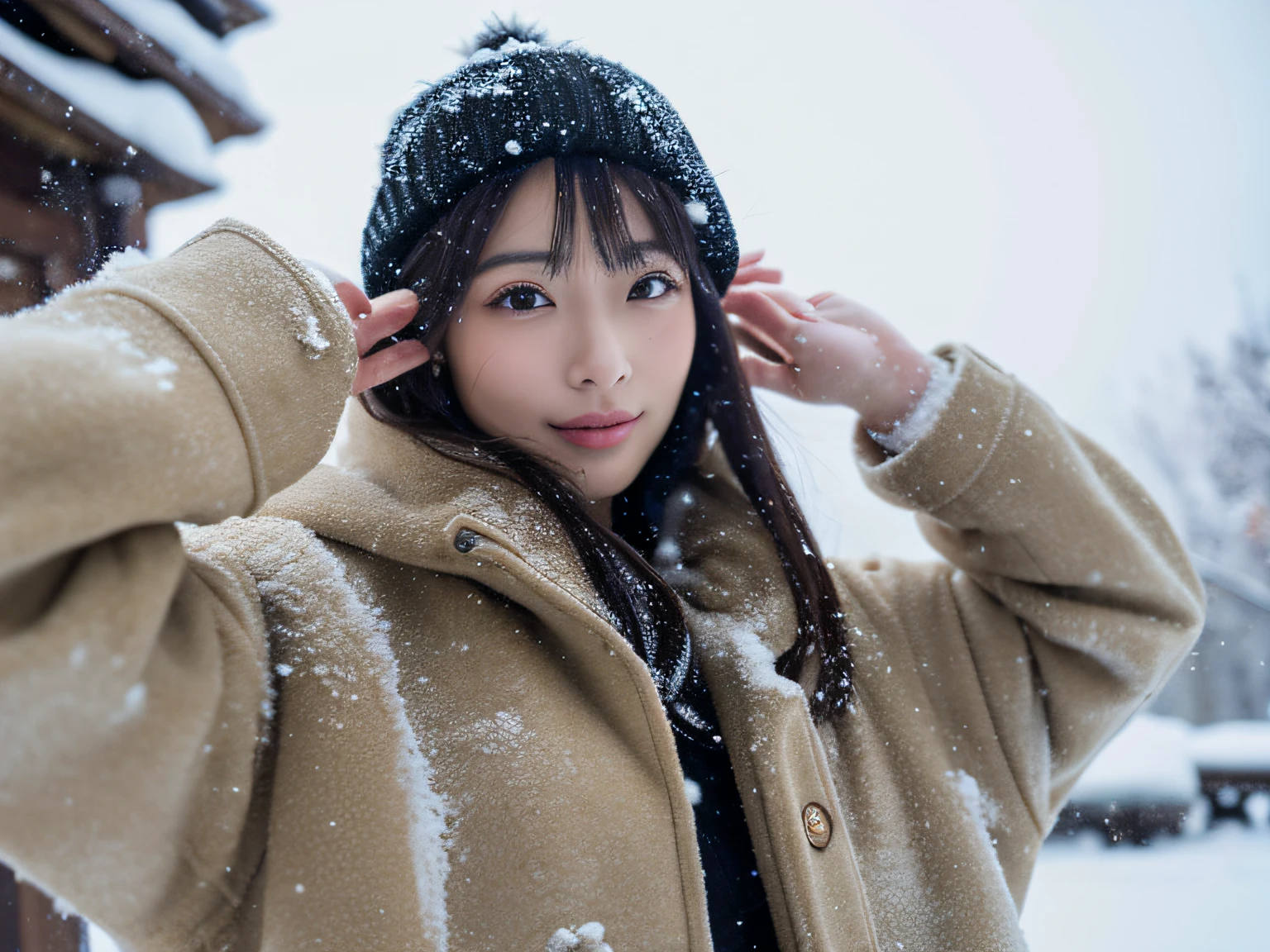(top-quality、8ｋ、​masterpiece）、cute japanese model、shoulder-length hair、Thin makeup、Colossal tits、Wearing a coat、in snow、Clear facial features、sharp and realistic details、From the outside、Eye level shots、F / 4.0、135 mm、jpegartifacts、Doing squats、Grabbing the snow with both hands、