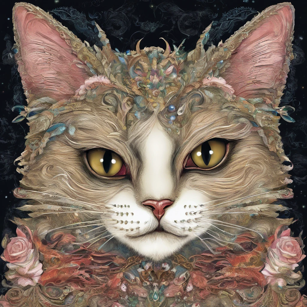 A close-up of a cat with a startled eyes and a half-open mouth From the waist up to the whole