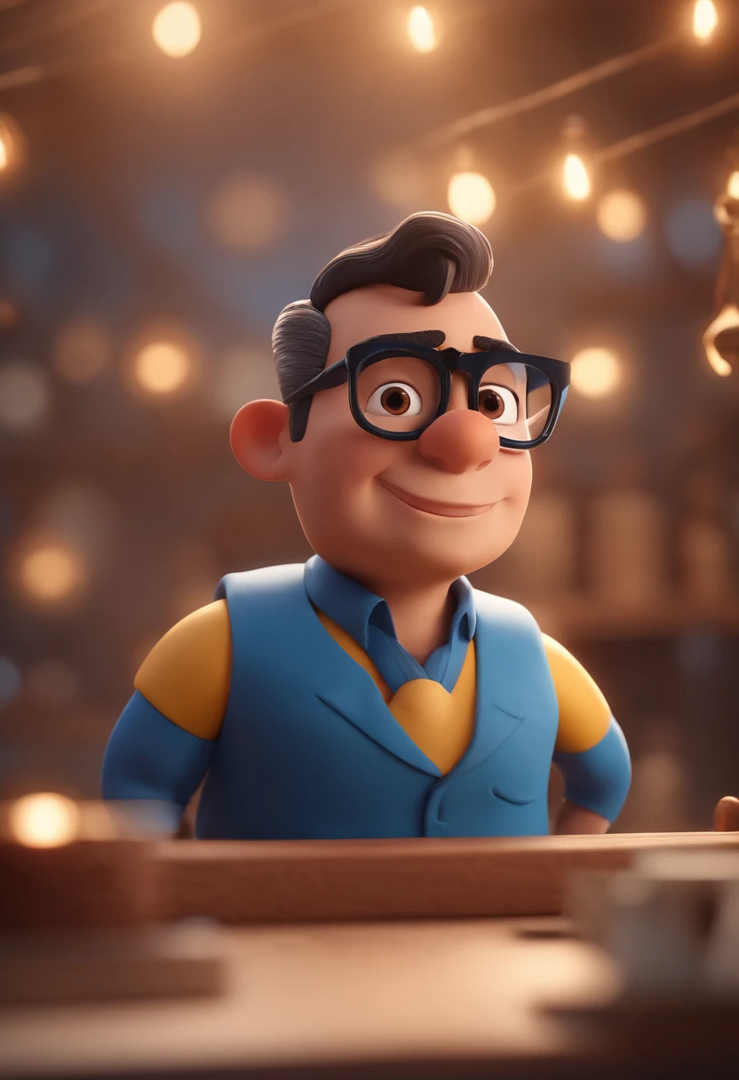 Cartoon character of a man with black glasses and a blue shirt, animation character, Caractere estilizado, animation style rendering, 3D estilizado, Arnold Maya render, 3 d render stylized, toon render keyshot, Personagem 3D, Personagem 3D, 3d rendering stylized, 3 d character render, personagem de desenho animado, Personagem de close up, Pose de personagem,  (Estilo Pixar) (master part:1.2) (Bokeh) (best quality) (pele detalhada) (textura detalhada) (8k) (argila) (Cinematic lighting) (foco nítido