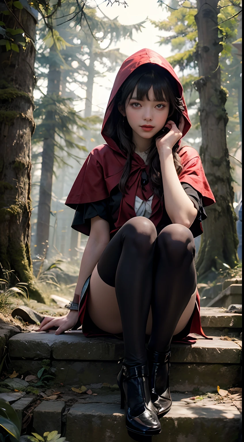 Little Red Riding Hood,(8K, RAW-Fotografie, Top quality, Meisterwerk:1.2),  Eine Frau、Japan im Alter von 18 Jahren,fullllbody.{Filmischer Winkel、Weitwinkel、Teilen Sie den Bildschirm nicht、}（Realistische Skins 1.4）、（Little Red Riding Hood、Tragen Sie eine karmesinrote Kapuze）、（（（Rote Kapuzen、rotes Kleid、black legwear、High-Heels）））、（（（Im dunklen Wald、In einem tiefen, unheimlichen Wald　、Pechschwarze Nacht、Tiefer Nebel）））（（Spuren von Blutwischen aus dem Mund,,,,,,,,,,,,,,,,,,,,,、Rote Augen、Black and long nails））、50-mm-Objektiv、30mm Film、Weitwinkel、（lang、glatt behaart、）、（Ein dunkelhaariger、Die Stirn wird von einem Pony verdeckt、）、Schwarze Augen、shinny skin、nice delicate face、beautiful delicate eyes、｛winzige Brust、kleine Titten、muscular body、｝、sehr erotisch, upskirt scene