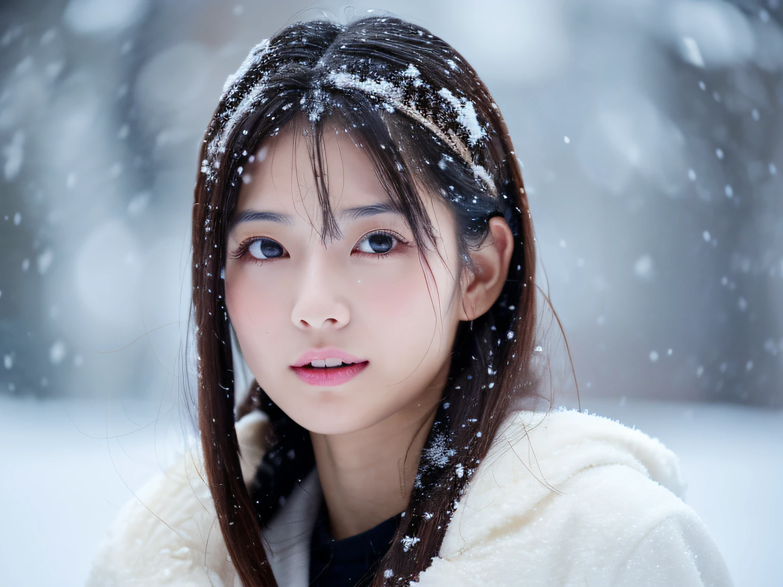 (top-quality、8k、masterpiece)、cute japanese model、shoulder-length hair、Thin makeup、Colossal tits、Wearing a coat、in snow、Clear facial features、sharp and realistic details、From the outside、Eye level shots、F / 4.0、135 mm、jpegartifacts、Doing squats、Grabbing the snow with both hands、