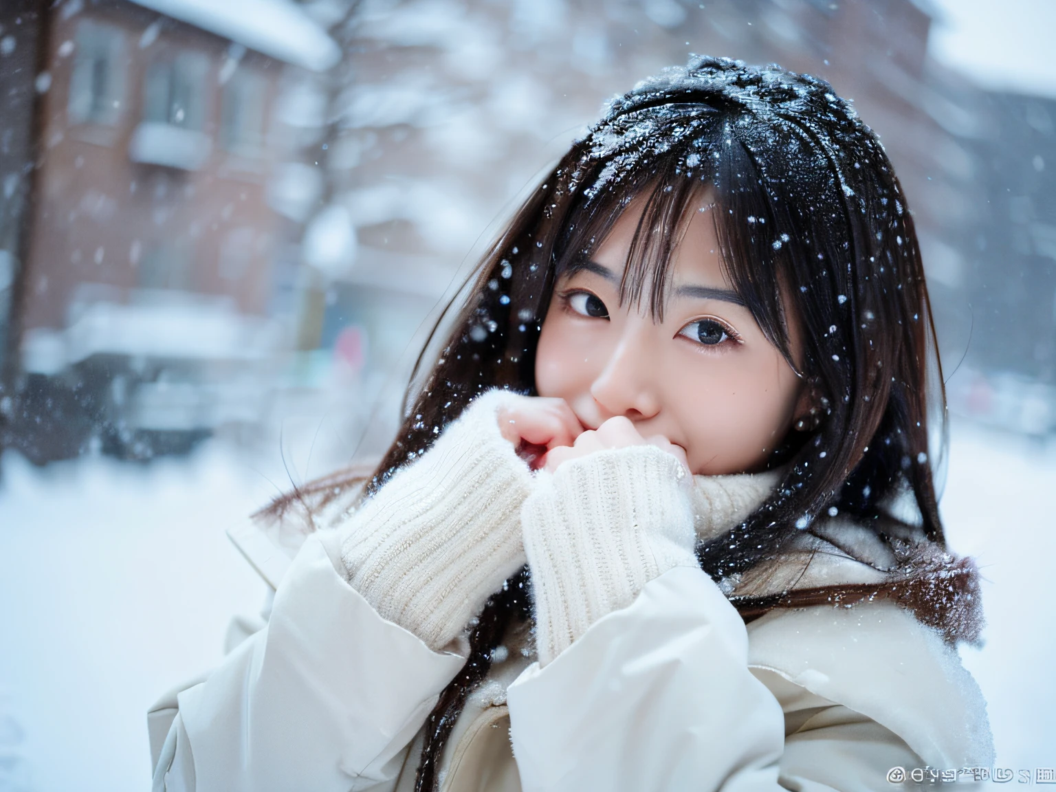 (top-quality、8k、masterpiece)、cute japanese model、shoulder-length hair、Thin makeup、Colossal tits、Wearing a coat、in snow、Clear facial features、sharp and realistic details、From the outside、Eye level shots、F / 4.0、135 mm、jpegartifacts、Doing squats、Grabbing the snow with both hands、
