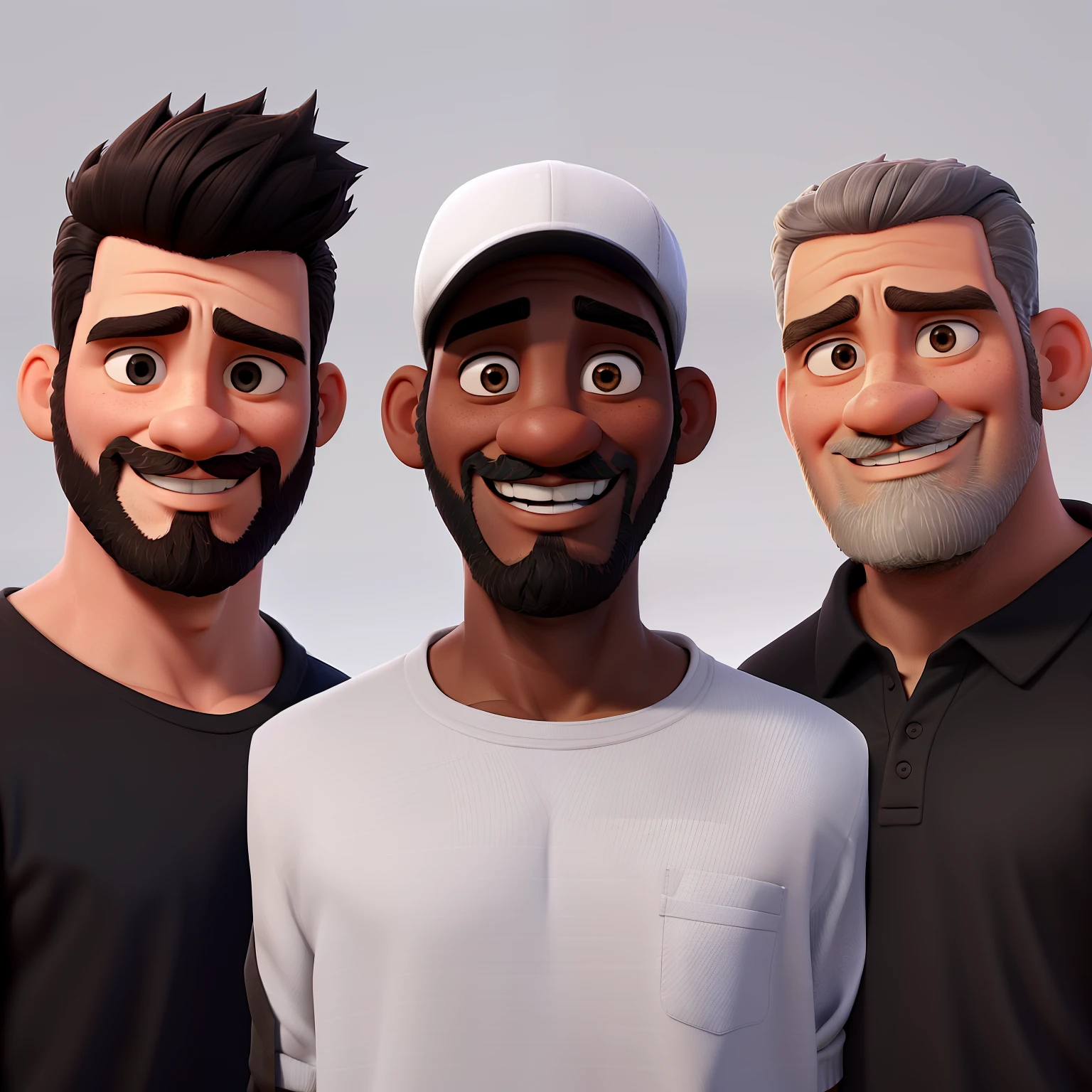 "Create a Pixar-style 3D poster with three men: a 30-year-old light-skinned man with a short beard, pompadour haircut, and a black shirt; a 60-year-old Black man with a short beard, wearing a gray sweatshirt and a white cap; and a 50-year-old light-skinned man with a black polo shirt, short beard, and short hair. They are smiling and close to each other, as if they were posing for a photography class."