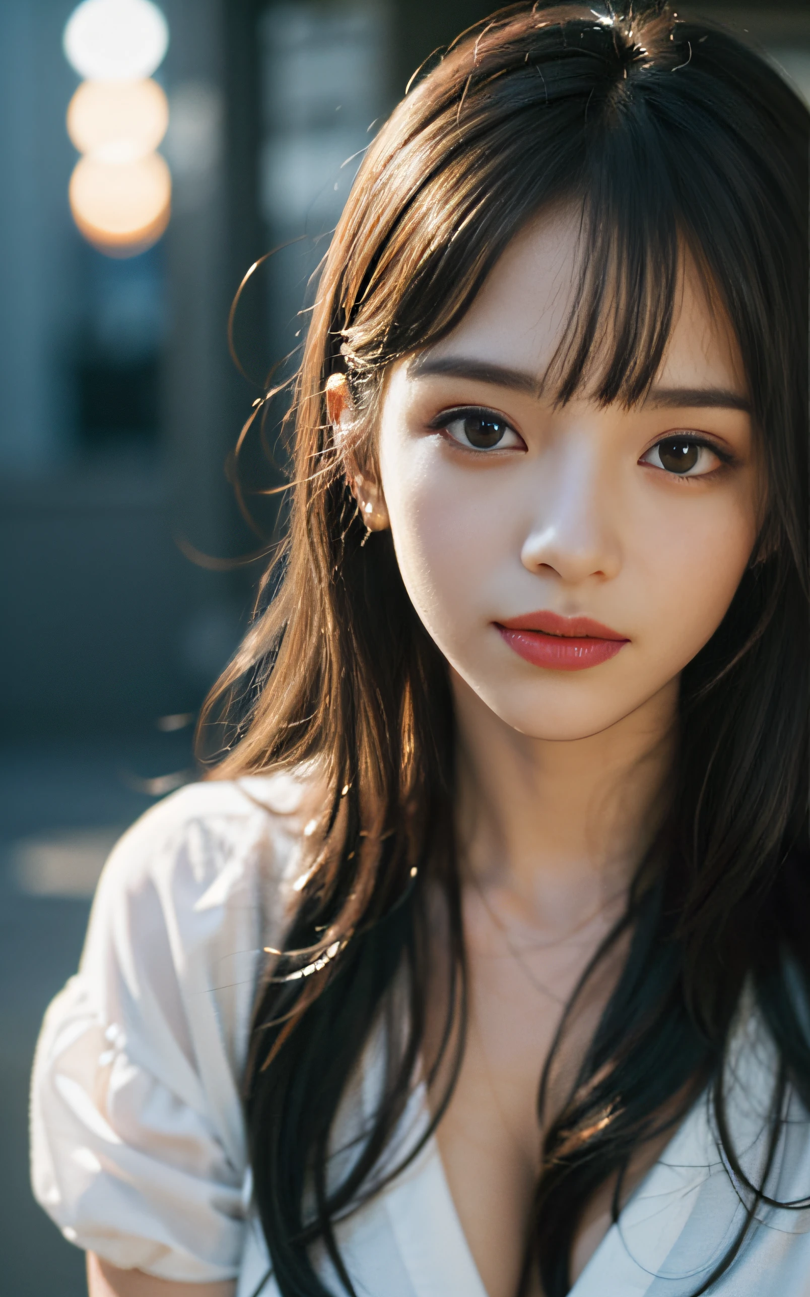 Film Portrait Photography, 1girl in, Natural makeup, Not wearing lipstick, Straight long hair, Bangs, Favorite clothes worn by women in their 20s, Tokyo at sunset, Calm, Gentle, vulnerable, Naive, Innocent, (Realistic detailed eyes, Natural Skin Texture, Realistic face details), Shy smile, Soft dramatic lighting, depth of fields, Bokeh, vibrant detail, Finely detailed, hyper realisitic, Full body, 35mm Film, Hazy blur