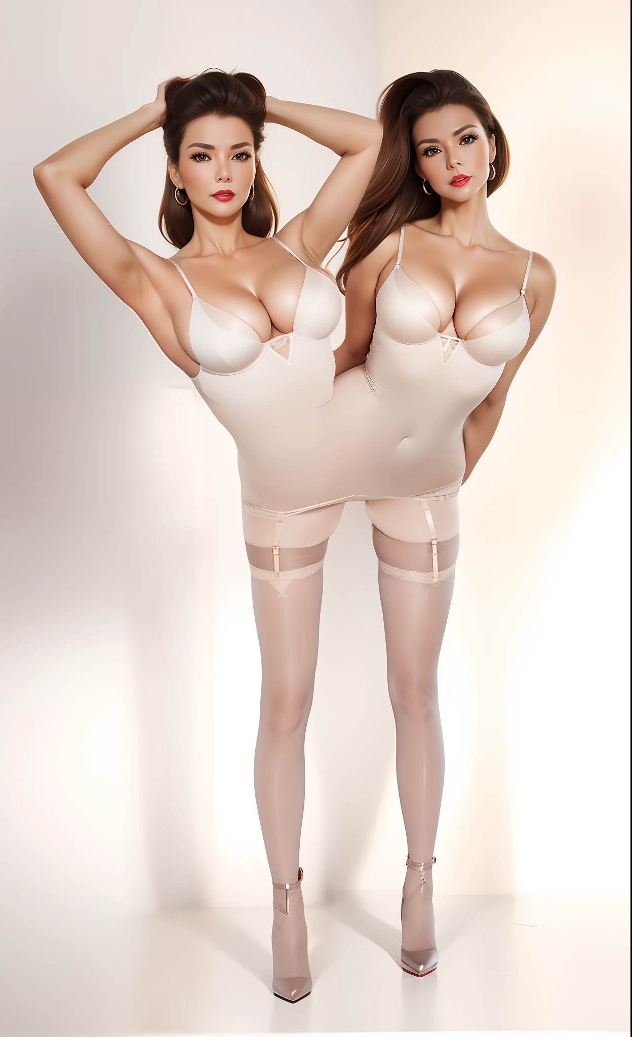 2 heads,Photo of a 50-year-old woman with brown hair, a captivating gaze, Brown eyes, Wrinkles on her face, Black pantyhose,Black High Heel Boots,She wears very sexy lingerie underwear、、Revealing her large sagging breasts, Light makeup and red lips. 32K