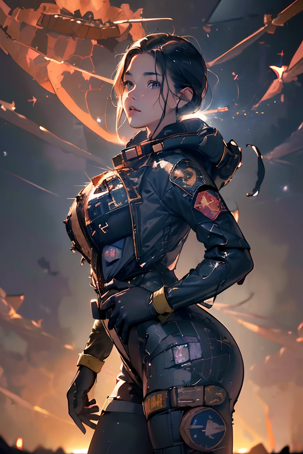 (masutepiece, top-quality, 8K), (1girl in, perfectly proportions, Beautiful face, Big ass:1.3), (Woman in pilot suit standing next to fighter jet:1.5), (A huge meteorite rains down in the night sky:1.8), Wet body,