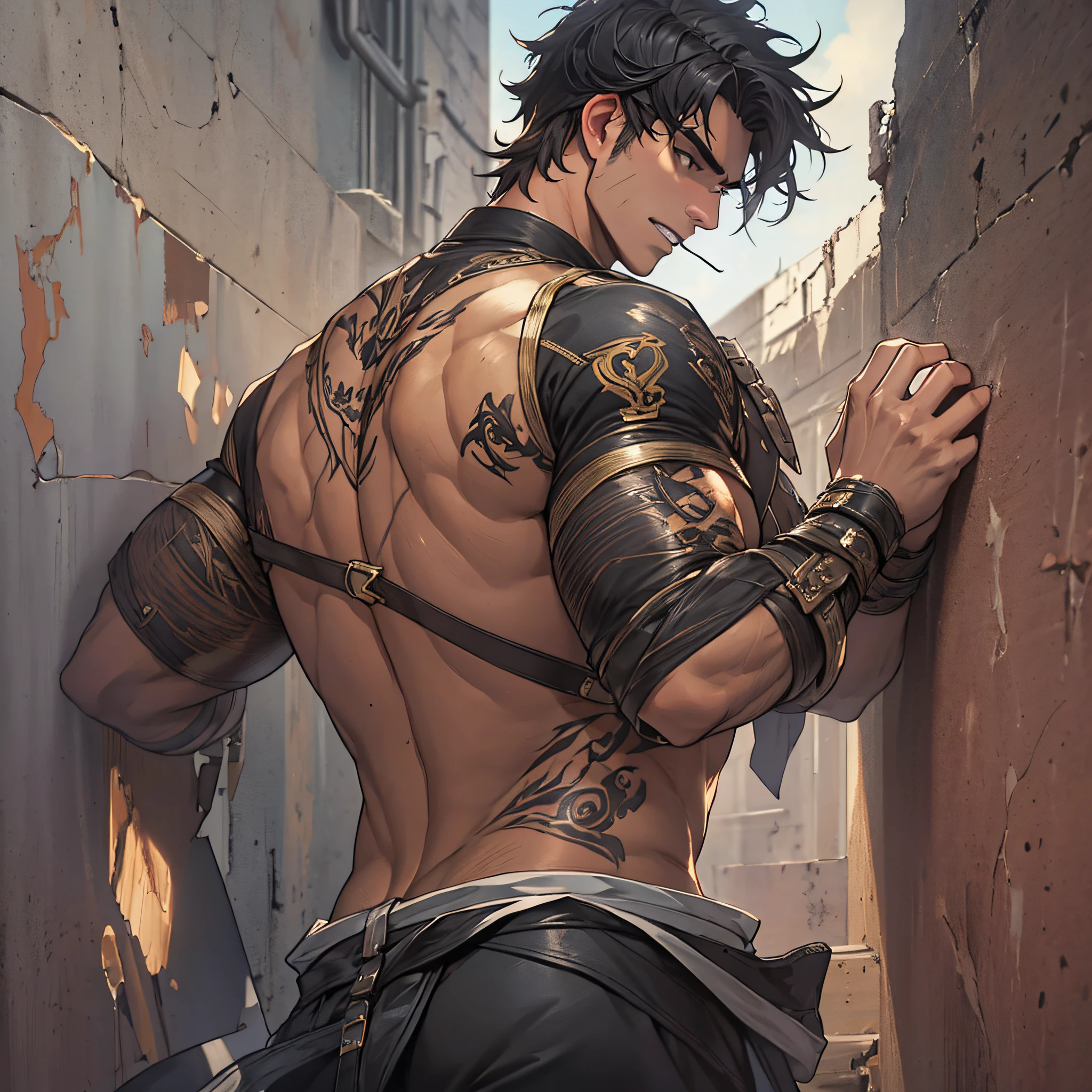Male focus,Muscular male,Short black hair,Less stubble,Handsome,Detailed face,((((through wall, stationary restraints,Ass focus,srestrained, Stuck,Photo(object),,)))),Put on a suit,wearing a tie,Admire the masterpieces,8K,Depth of field,Bokeh,Detailed,homoerotic,(homoerotic),Highly detailed,Sharp focus,Intricate,,smooth,elegant,8 k'',fantasy,Cinematic lighting,Cinematic,Masterpiece,Mattire,Photorealistic,4 k'',8K,Beautiful,voluminetric lighting,Dramatic, negative prompt