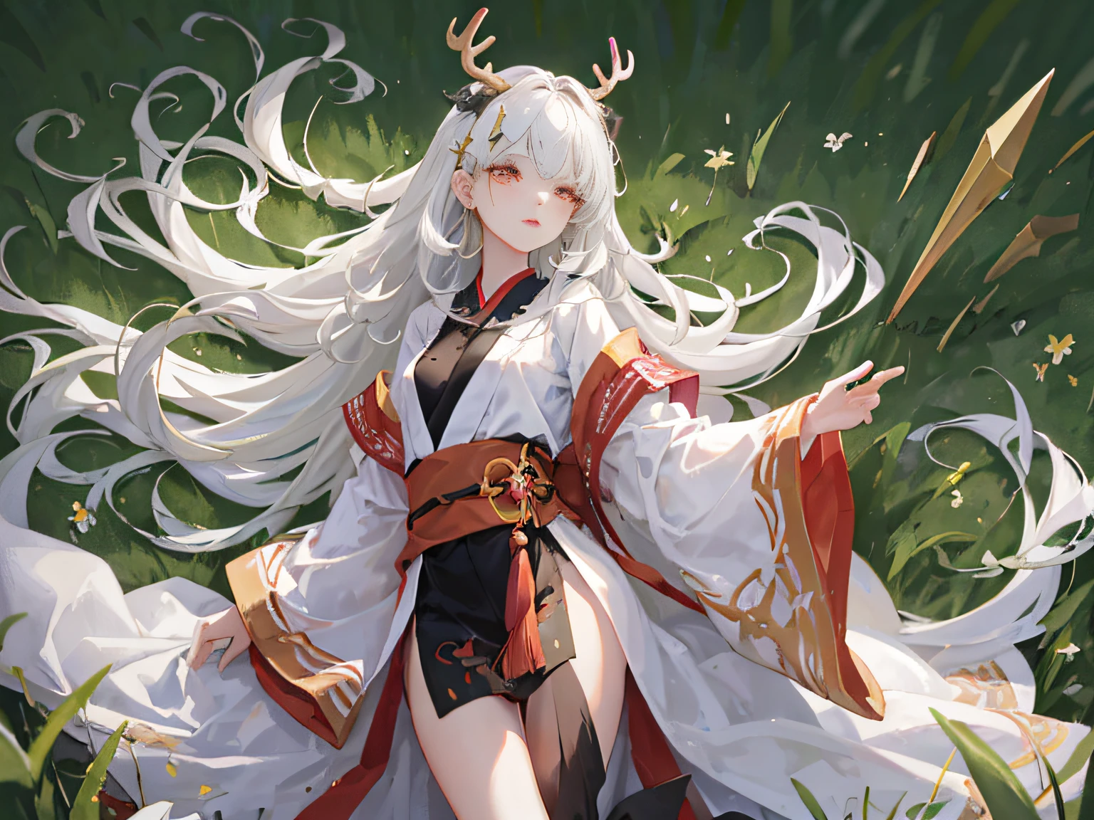 Hanfu with gold silk and white robes,A woman who is,White skin of the,flower sea,lilie,Dark background,evening light,Hairpins,Yupei,Hanfu,exquisite face, hair adornments, extreme hight detail,rosy lips, a skirt, obi strip, jewelry,long whitr hair, 耳Nipple Ring, ,Strands of hair,White hair and red eyes,It has antlers on its head,Perfect body proportion,slender leg,grassy fields,Stand up,female emperor,God Ring,Brilliant warm-up