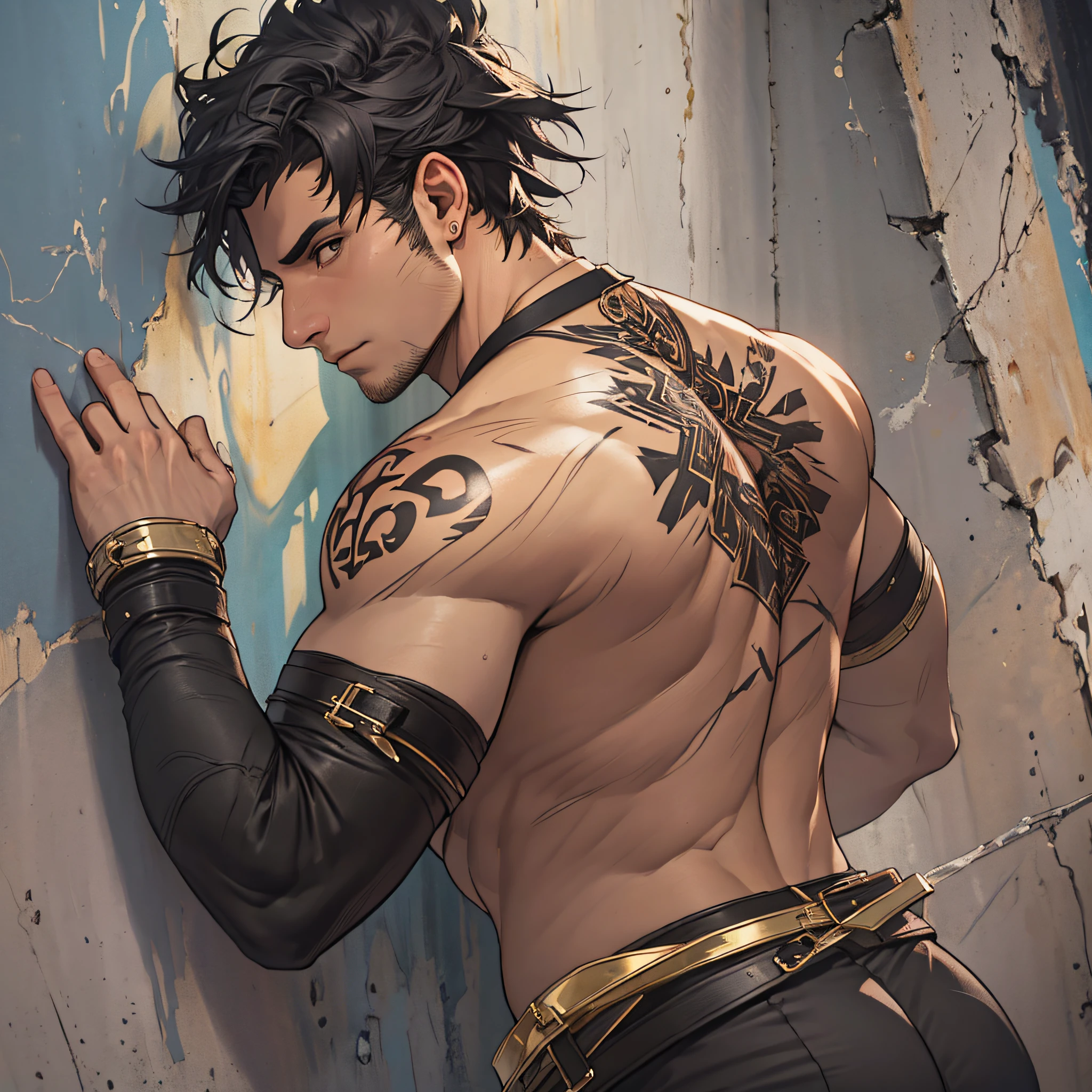 Young black-haired warrior with a rustic chain, Hand-wrapped bands, Defined muscles, usando uma camisa preta, tattoo on upper arm, left arm badly bruised and with combat scars, barba rala.