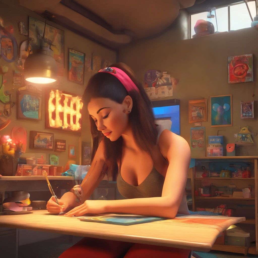 create a 3D movie poster inspired by Disney Pixar, The scene should be in Pixar's signature digital art style, com uma imagem caricatural que lembra a cantora brasileira "Anita" in the prone position, Wearing a bikini while a tattoo artist is sitting tattooing with a giant ring on one hand, inside a tattoo parlor.