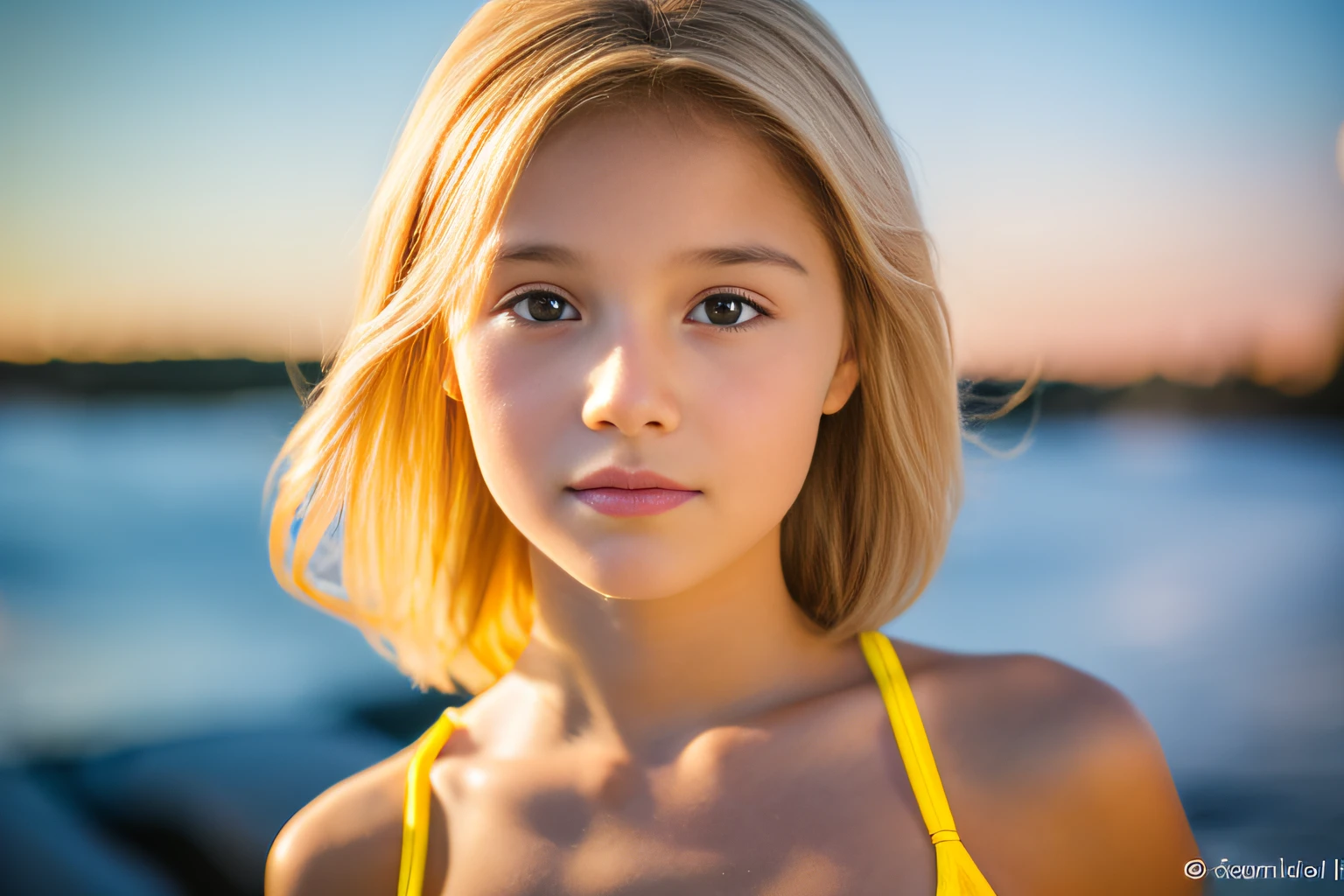 SeaArt , 1cute girl, portrait, bokeh, ( masterpiece), accurate, anatomically correct, f/1.8, 90mm, Fujifilm GFX 50R, raw photo, regina display, super detail, high details, high quality, best quality, highres, UHD, 1080p HD, 4K, 8K, (((12years old 1girl))), Realism, ((Face and body the full front)), (standing), ((small breasts)), (yellow sport_bra), medium Hair, beautiful white skin, young features, beautiful pussy, soothing tones, high contrast, natural skin texture, of Sweden, Northern Lights Sky,