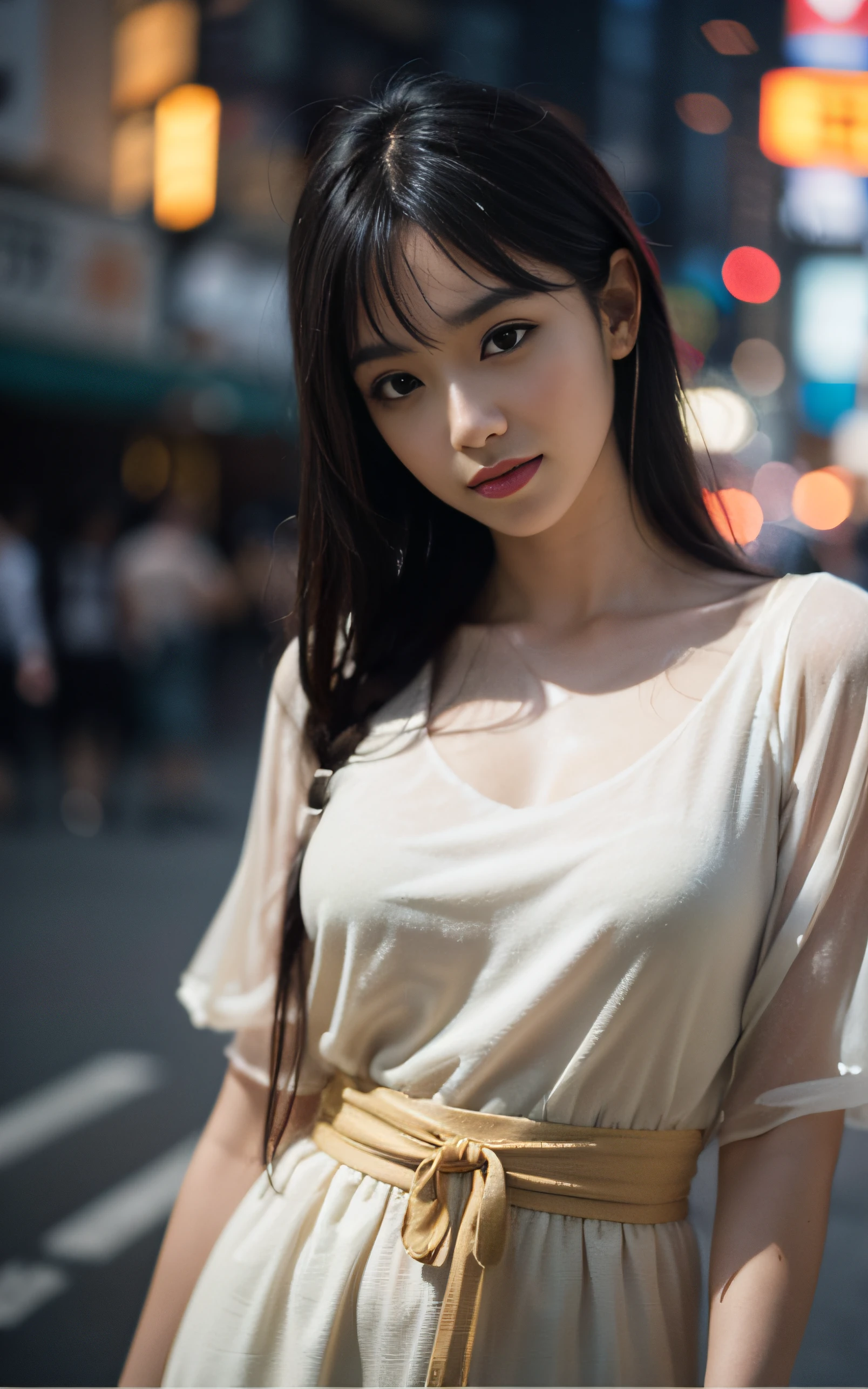 Film Portrait Photography, 1girl in, Natural makeup, Not wearing lipstick, Straight long hair, Bangs, Favorite clothes worn by women in their 20s, Tokyo at sunset, Calm, Gentle, vulnerable, Naive, Innocent, (Realistic detailed eyes, Natural Skin Texture, Realistic face details), Shy smile, Soft dramatic lighting, depth of fields, Bokeh, vibrant detail, Finely detailed, hyper realisitic, Full body, 35mm Film, Hazy blur