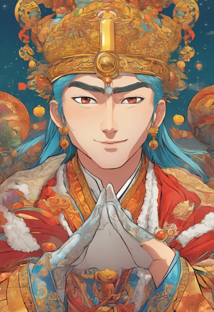 (absurderes, hight resolution, ultra-detailliert), 1 male, Adult, Handsome, finely detailed  eyes and detailed face, Emperor,, Ring on background, visualart, occult, Universal, Vision casting, Philosophical, Iconography, Numerology, Popularity, artistic, Short hair, Smile, Calm expression, Half shot、Japanese anime