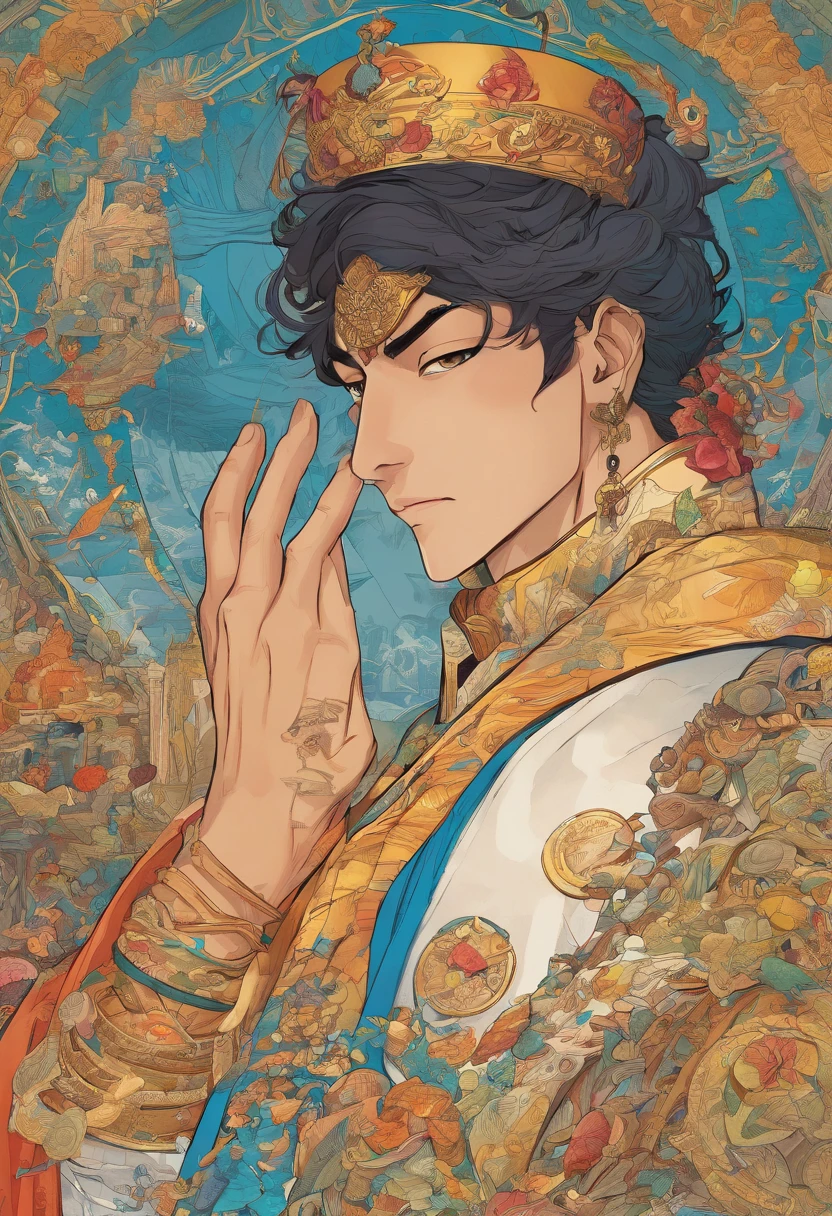 (absurderes, hight resolution, ultra-detailliert), 1 male, Adult, Handsome, finely detailed eyes and detailed face, Emperor,, Ring on background, visualart, occult, Universal, Vision casting, Philosophical, Iconography, Numerology, Popularity, artistic, Short hair, Smile, Calm expression, Half shot、Japanese anime