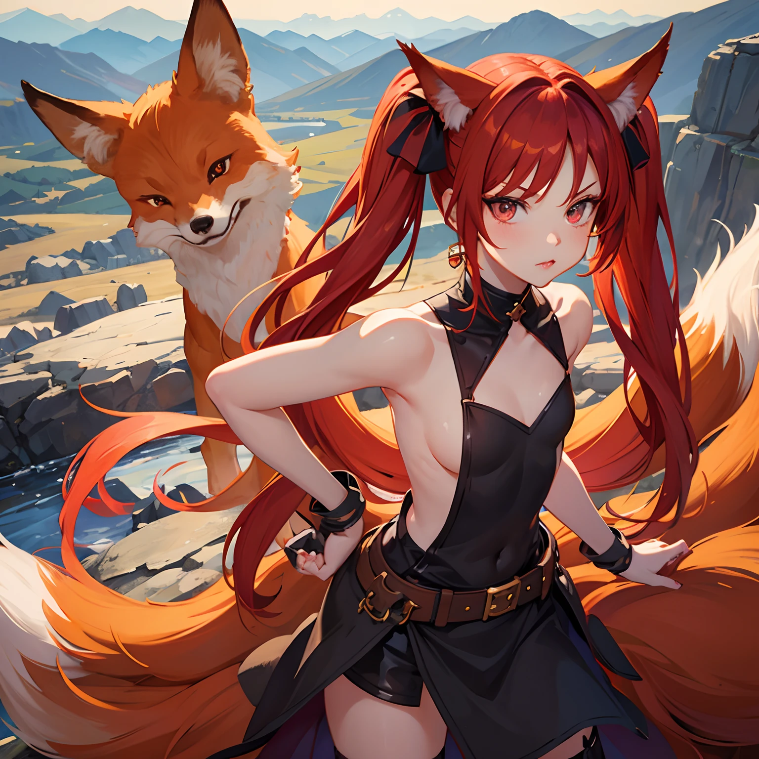 Redhead, young, girl, fox ears, teen, topless, fox tail, dark eyes, pigtails, standing on a mountain, short, wide hips, small breast, cute, red eyeliner, pouty lips