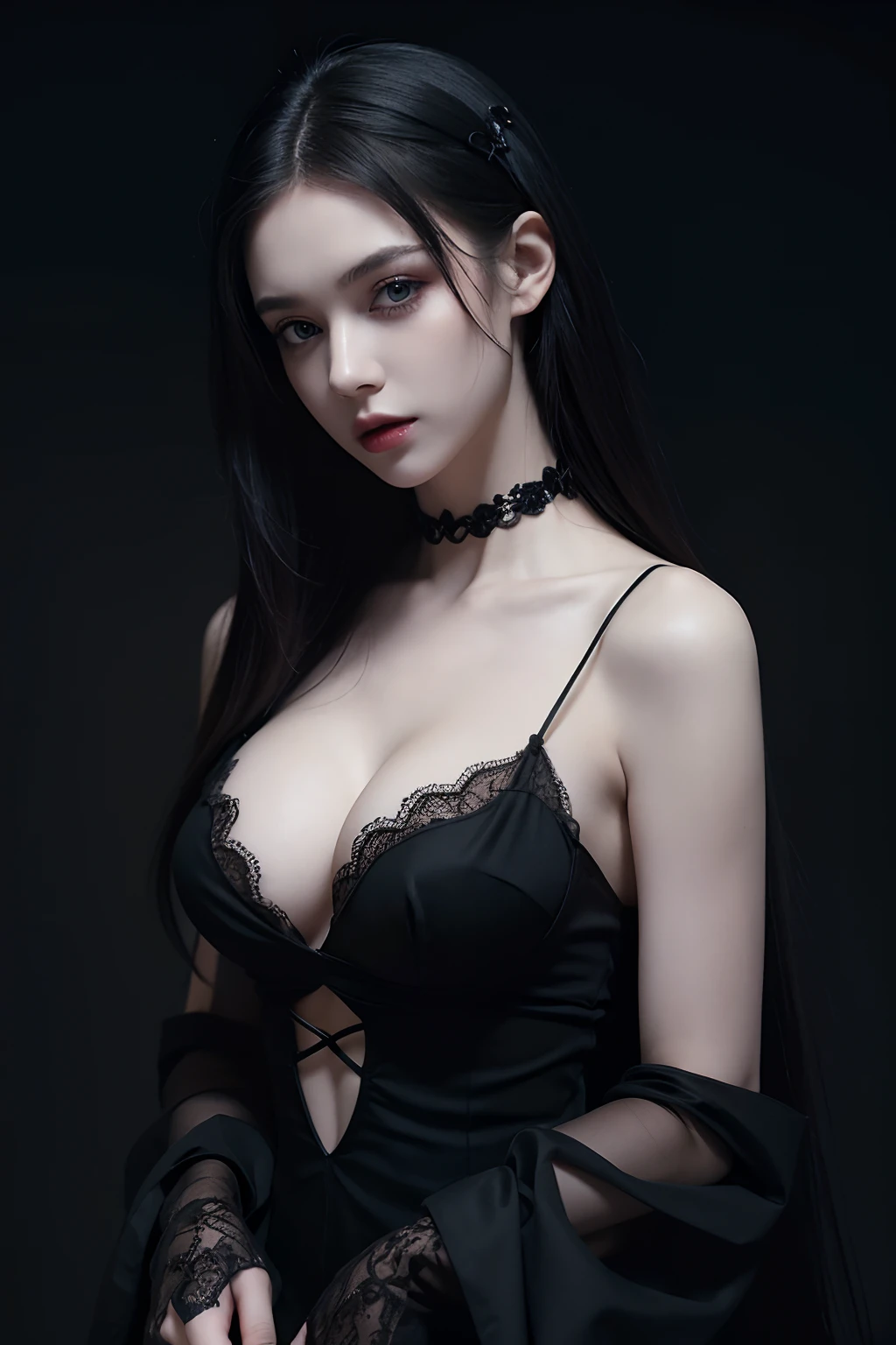 RAW photo, russian model, 18 years old, detailed natural pale skin, cinematic lighting, best quality, masterpiece,  ADDCOMM 
cute face, gothic makeup, gothic hairdressing, ADDROW 
gothic lace choker, off shoulder see through black gothic shirt, cleavage, , ADDROW 
black gothic intricate lace split dress
