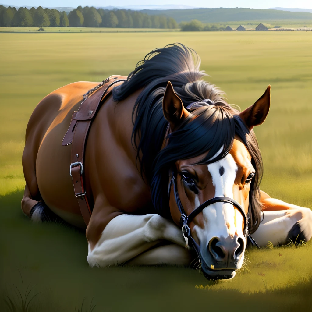 Old horse tied up in the grass by a stake